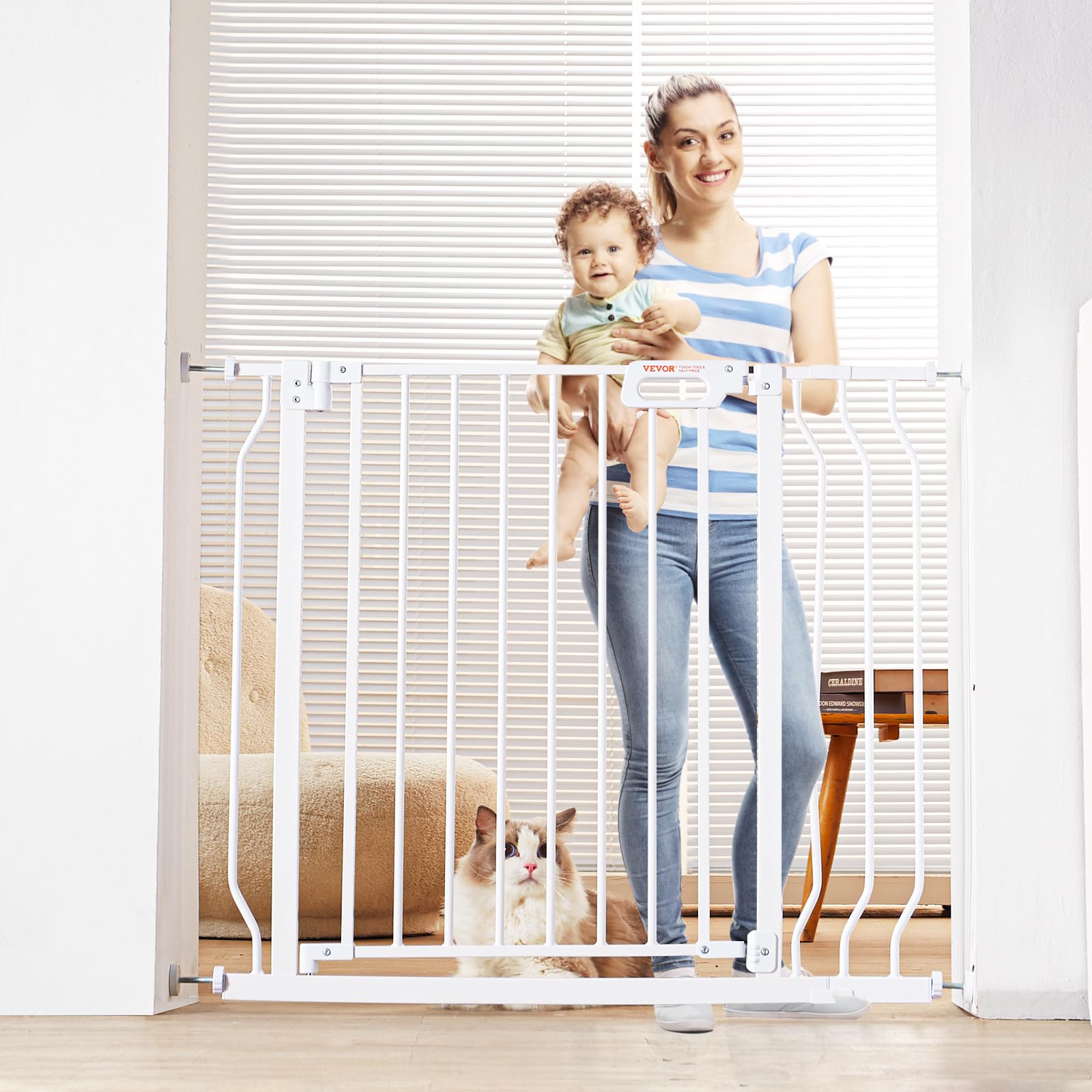 29.5-39" Baby Gate for Stairs, Extra Tall Auto Close Dog Gate for The House, Easy Install Pressure Mounted Pet Gates for Doorways, Easy Walk Thru Wide Safety Gate for Child Dog, White
