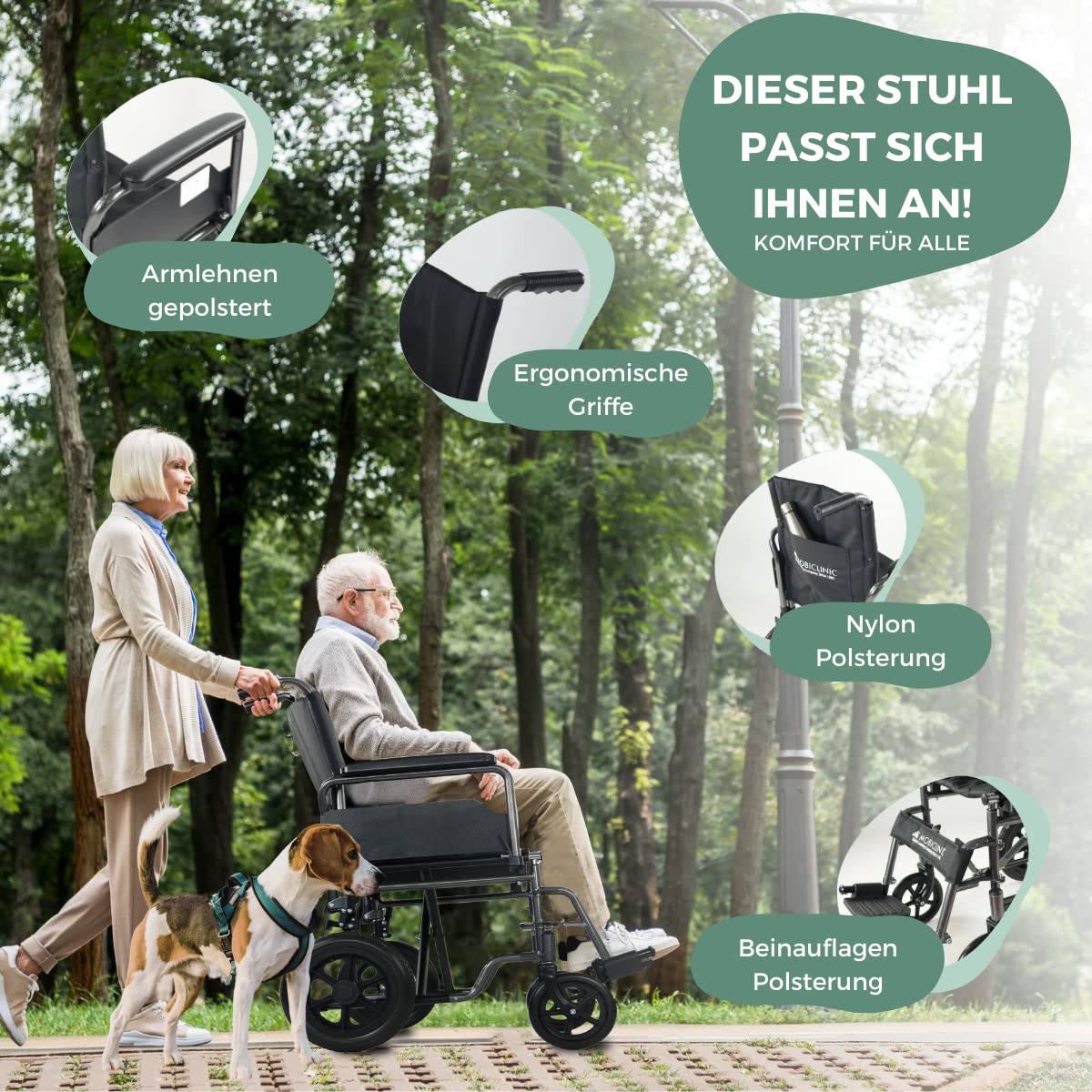 Mobiclinic®, Rollstuhl, S230, Faltbar und leicht, Sitzfläche 43 cm, Klappbare abnehmbare fußstützen, Gepolsterte armlehnen, Kleine räder, Feststellbremse fußbremse