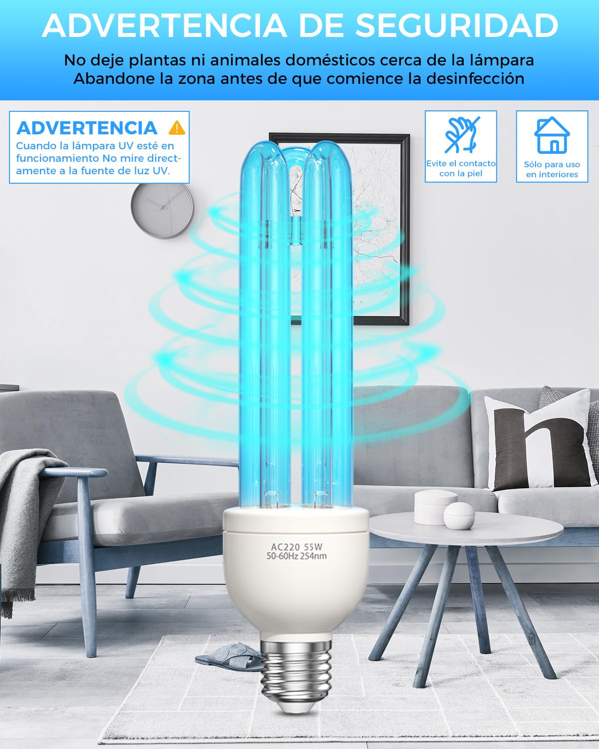 Lampara UV Desinfeccion Lampara UVC Ozono UV Light 55W E27 Blu-Ray con Tubo de Cuarzo UV Germicida Esterilizador AC 220-240V para Hogar, Escuela, Oficina Aire Fresco, UVC 254nm +O₃(1 Unidad)