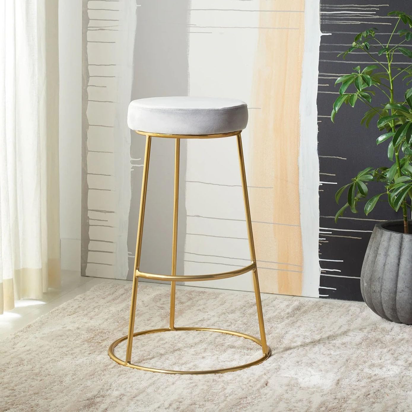 Perfect Dining Chairs for Kitchen Islands, These Velvet Counter stools are upholstered, Round-Height, and Have a footrest. They are a Modern bar Chair Set.Light Grey Gold