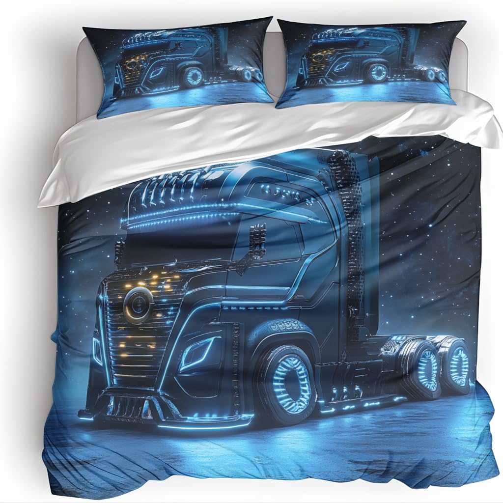 Générique Camion Bleu Housse De Couette 140X 200 Cm Impression Microfibre Parure De Lit 3D Enfant Adulte 1 Personnes avec Fermeture 2 Taie d'oreiller 65X65 Cm