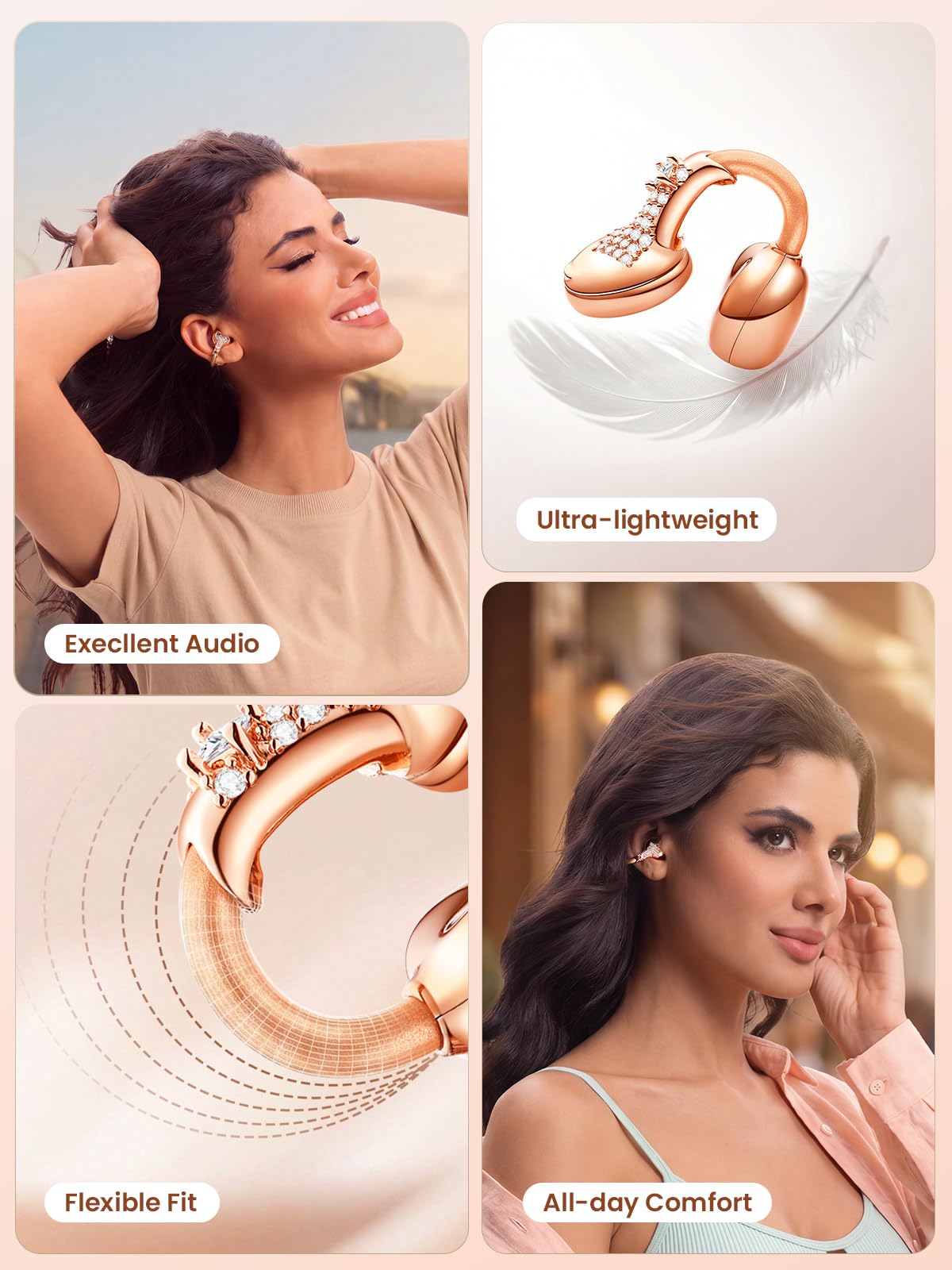 JewelPods C3 - Auricolari wireless Bluetooth aperti per un comfort che dura tutto il giorno, filo di memoria ultra leggero, 60 ore di riproduzione, resistente al sudore e all'acqua, suono