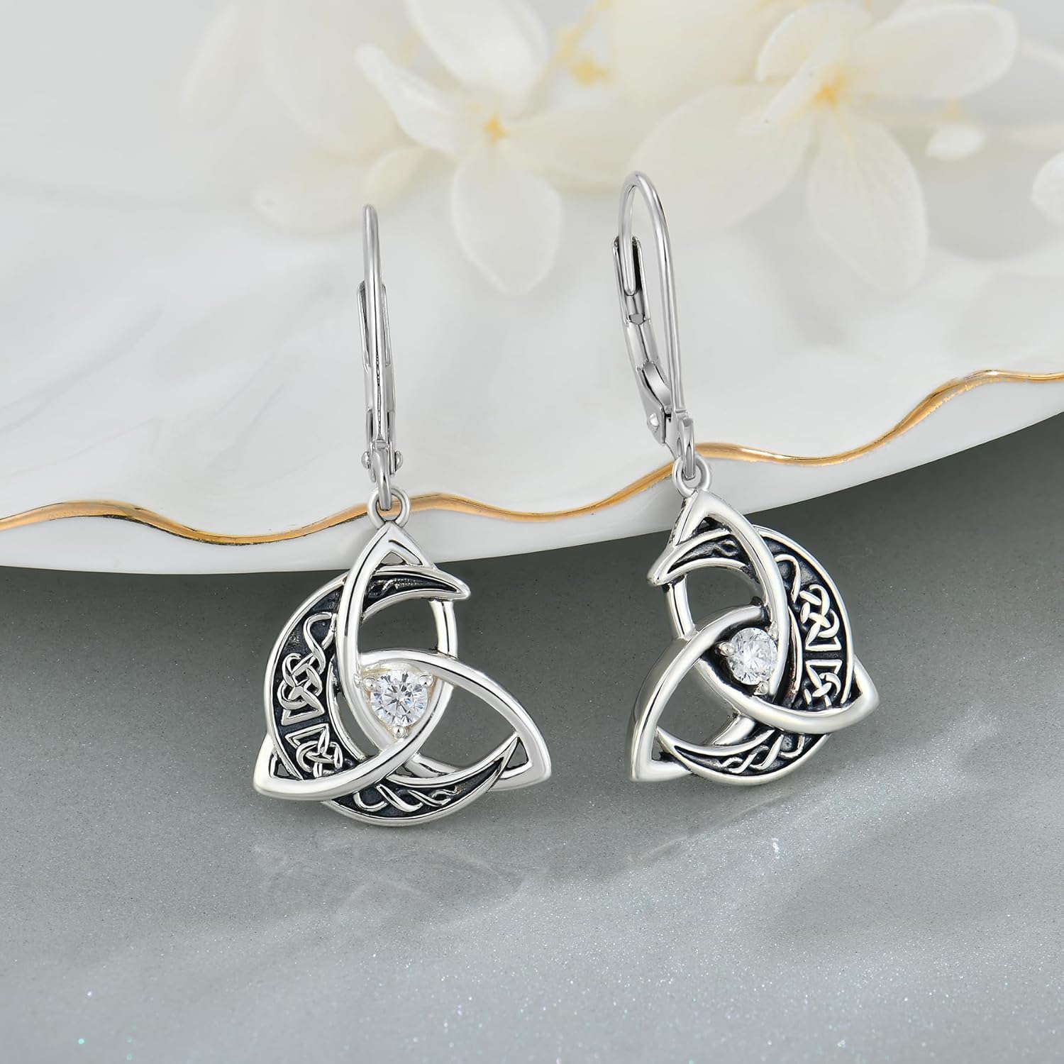 Trinity Celtic Knot Moon Leverback Earrings for Womens, 925 Sterling Silver Dangle Drop Round Gemstone Earrings, Irish Celtic Jewelry for Women - Image 4