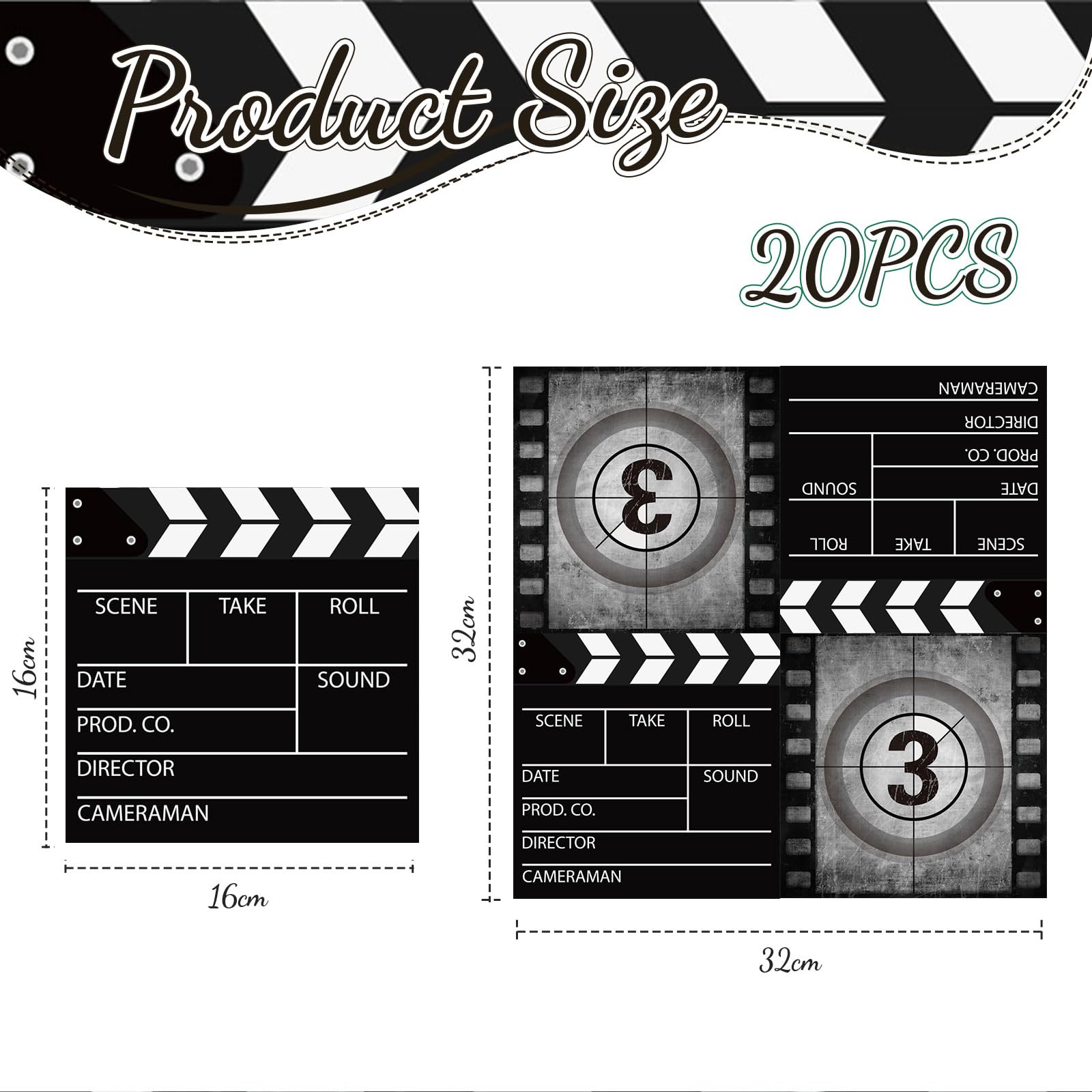 40 Serviettes En Papier Thème Cinéma - Format 33x33 Cm, Design Clap De Film Pour Fête Anniversaire - 10