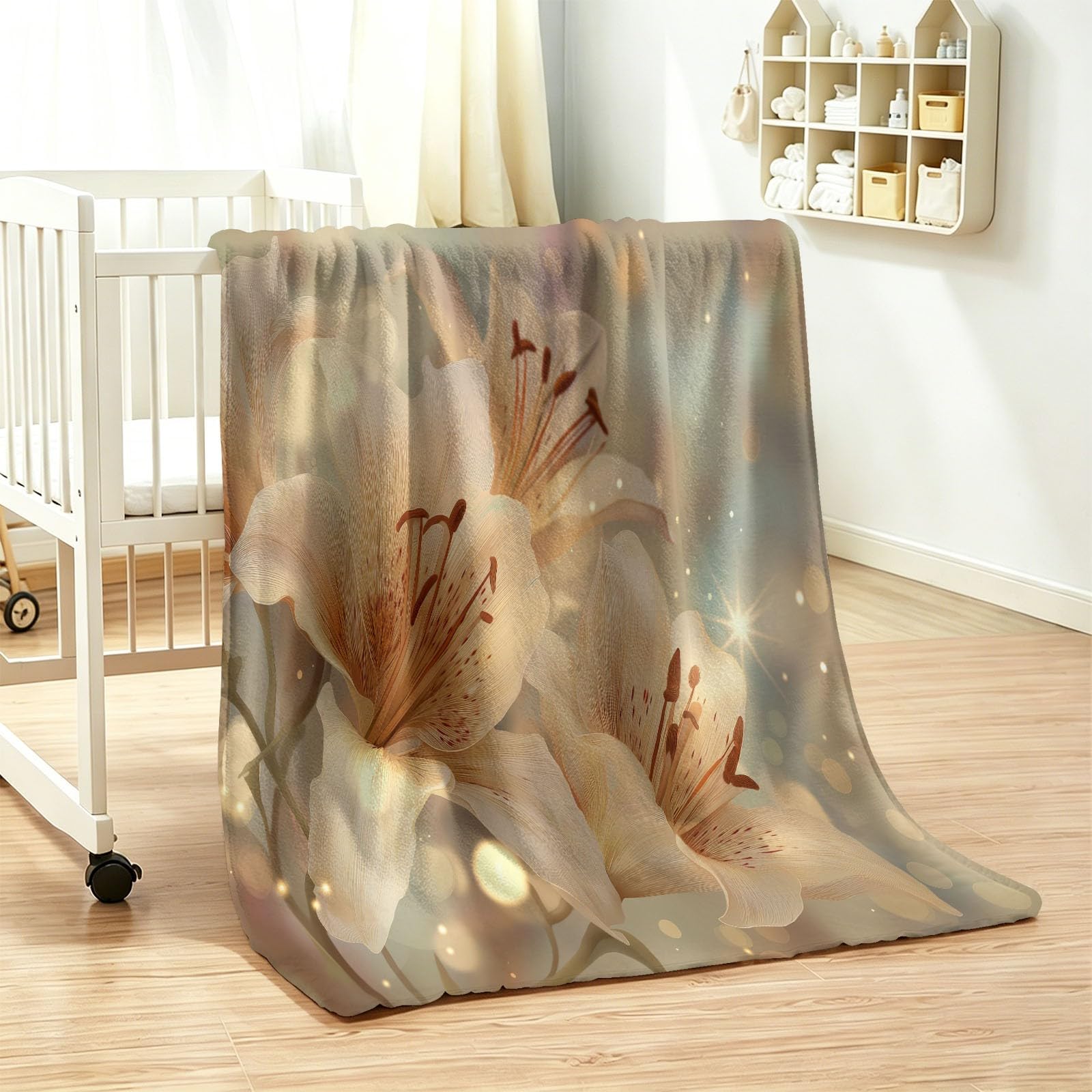 Manta de forro polar de franela suave y acogedora de 180 x 200 cm, diseño de flores, color beige
