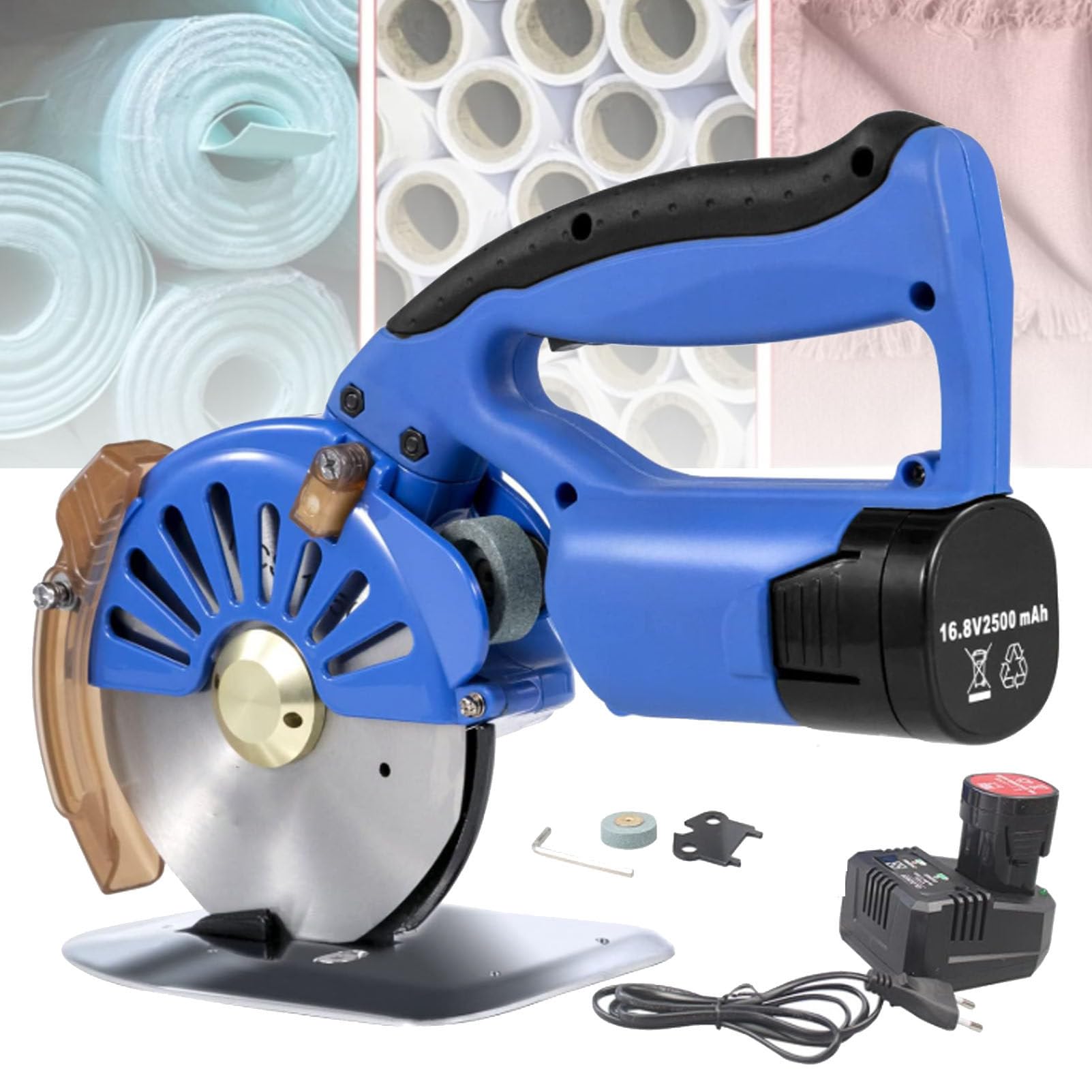 Taglierina per tessuti senza fili, velocità regolabile, rotativa elettrica per panno con 2 batterie, fibra tagliata, cotone, seta, pelle, tappeti, 110 mm