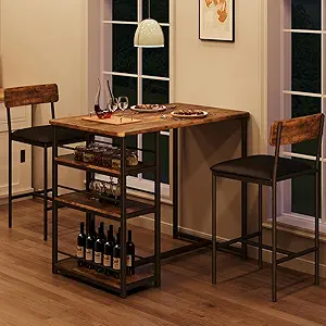 GarveeHome Dining Table Set for 2, Counter Height Kitchen Table with 2 Upholstered Bar Stools, Dining Table and Chairs Set with Storage Shelves, for Small Space, Apartment, Studio, Retro Brown