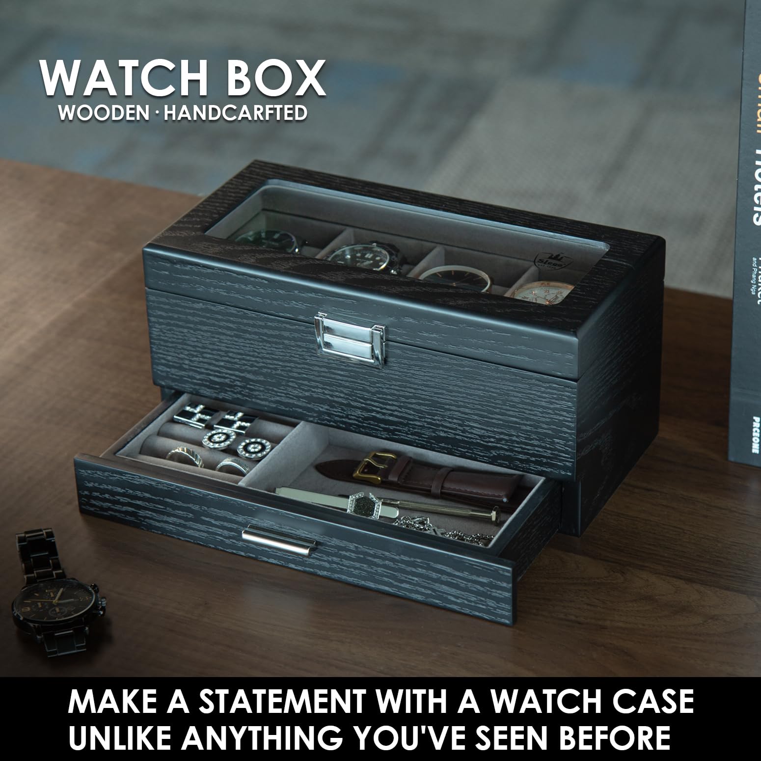 Slege Porta Orologi in Legno a 4 Posti,Fatto Mano Scatola Portaorologi a 2 Livelli,Elegante Scatola per Orologi,Coperchio in Vetro, con Cuscinetti,Scatola Porta Orologi Uomo e Donna,Idea Regalo,Nero