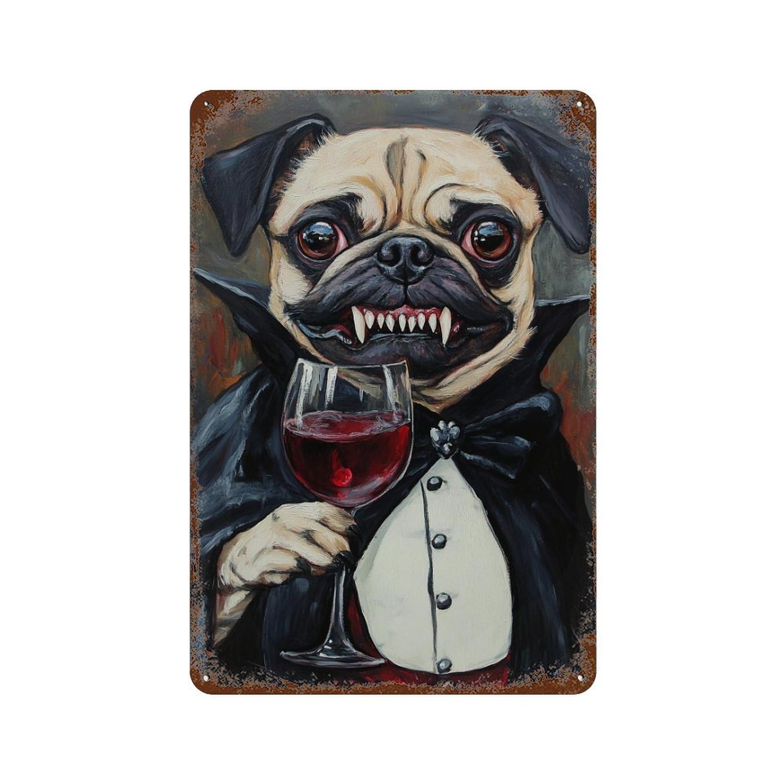 Vintage Metal Tin Sign with Vampire Pug with Wine Glass Design 11.8"x7.9", for Patio, Garden Room And Bar Decor, Classic Wall Plaque