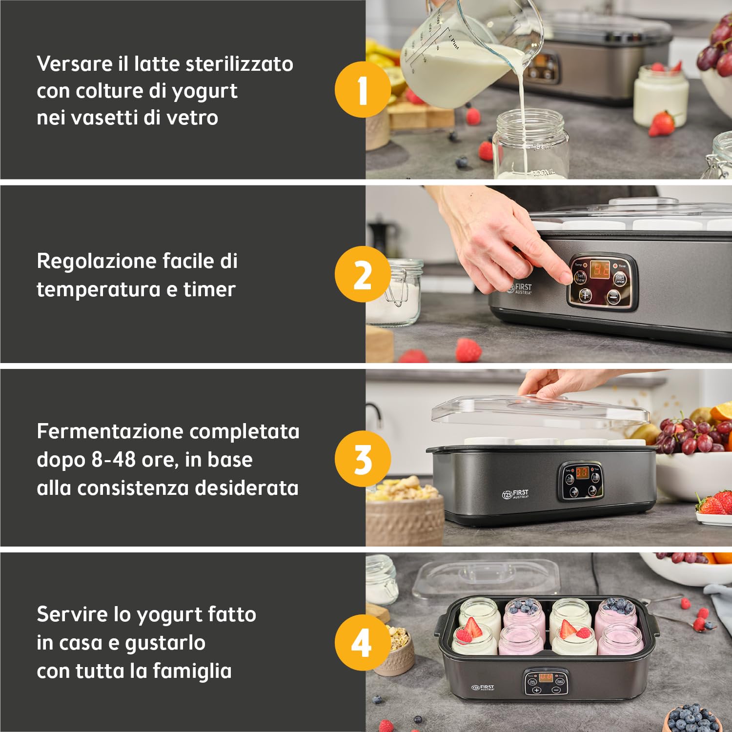 TZS First Austria Preparatore di Yogurt Elettrico - 8 vasetti in vetro da 180 ml (1,4 L) - Temperatura regolabile fino a 55 °C - Display LED - Spegnimento automatico - Timer 48 h - BPA-free