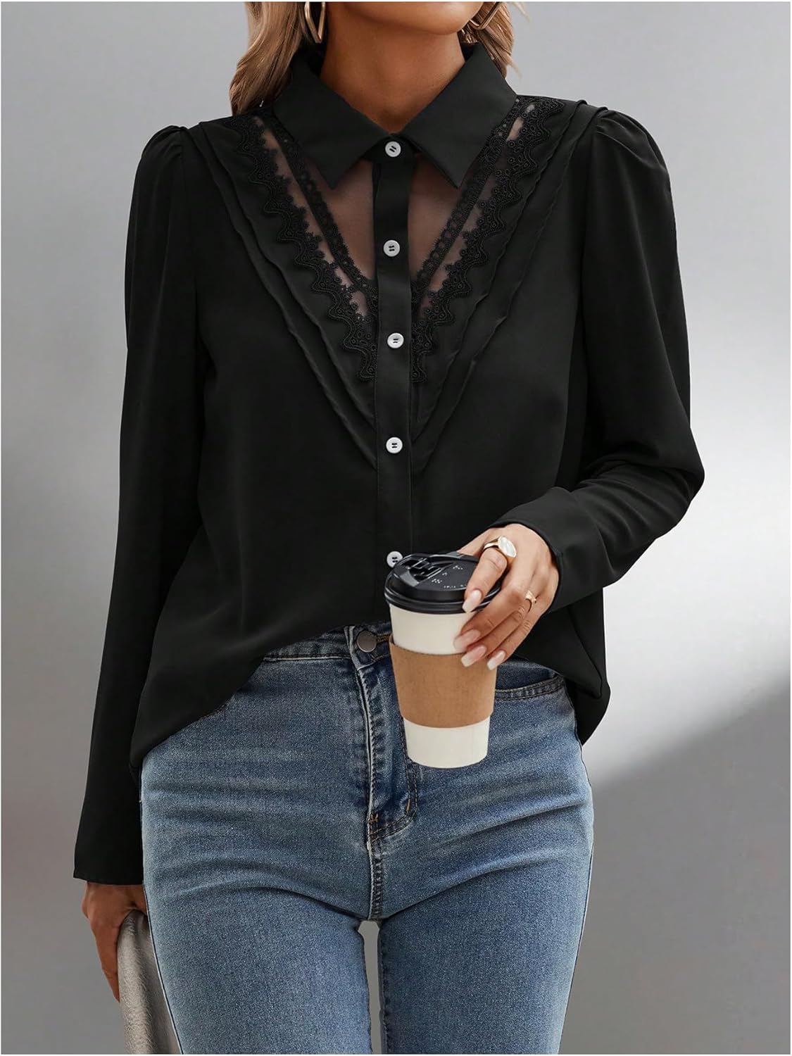 OYOANGLE Women's Lace Sheer Button Down Puff Long Sleeve Blouse Business Casual Dressy Tops - Image 3