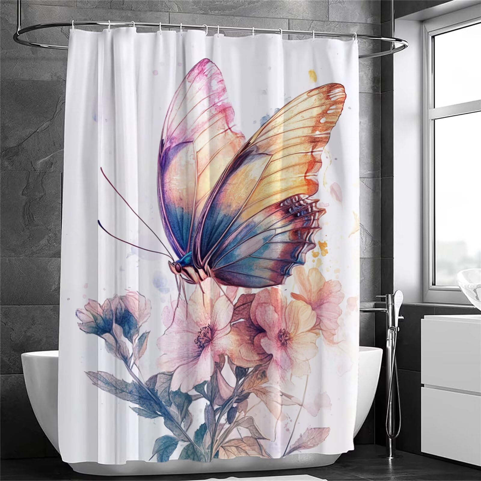 Zasłona prysznicowa w kwiaty, 200 x 240 cm, bardzo długa zasłona prysznicowa do łazienki, motyl, wodoodporna zasłona na drzwi z haczykami i obciążonym obszyciem, nadaje się do prania, szybkoschnąca