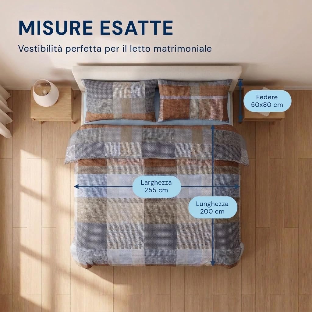 Caleffi - Copripiumino Matrimoniale Cotone con Federe 255x200 Oeko Tex | set parure completa, sacco piumino con bottoni, tinta unita, morbido, traspirante, no stiro, ipoallergenico, per piumone