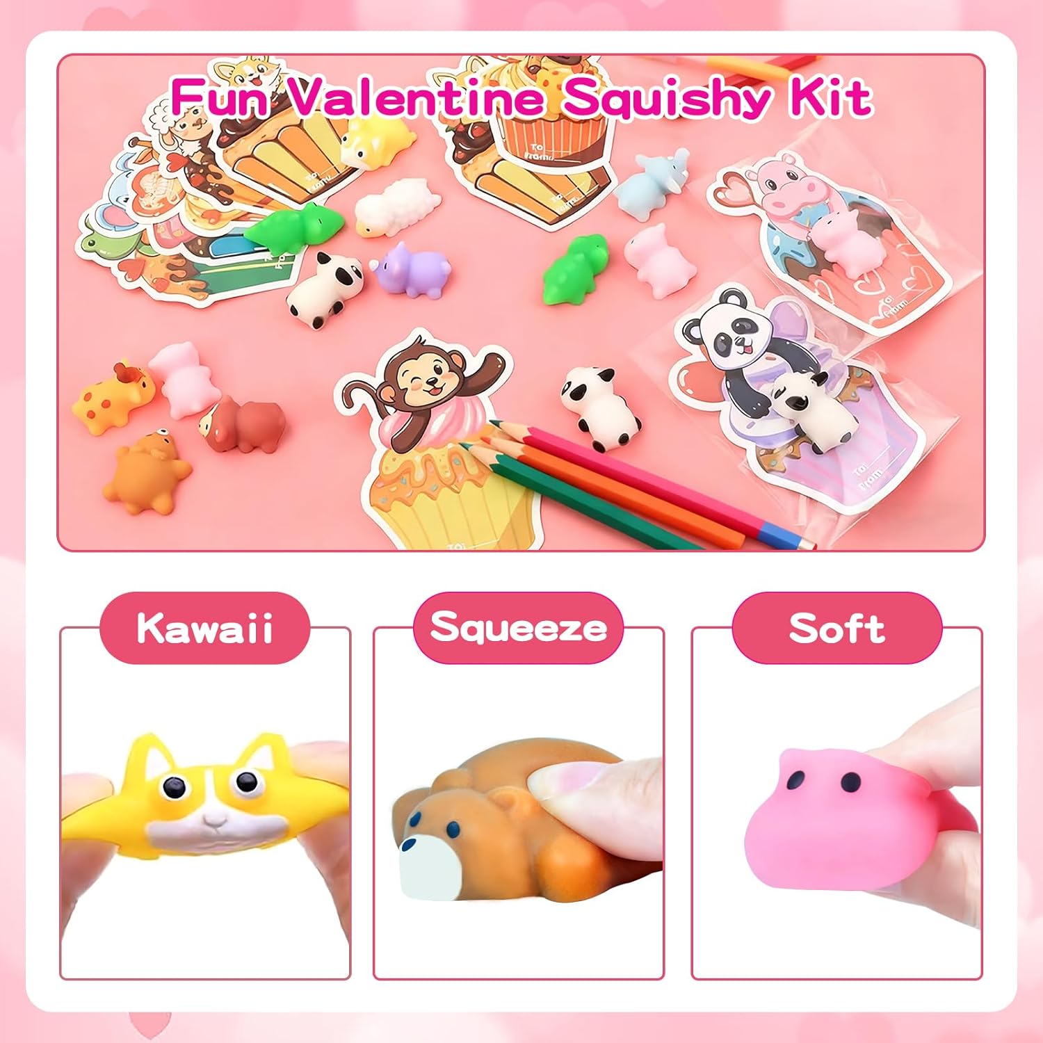 Valentines Day Gifts for Kids Classroom - Mochi Squishy with Valentines Cards for Toddler Class School Exchange - Mini Animal Squishy Fidget Toys for Valentines Party Favors, Boys Girls - 30 Packs