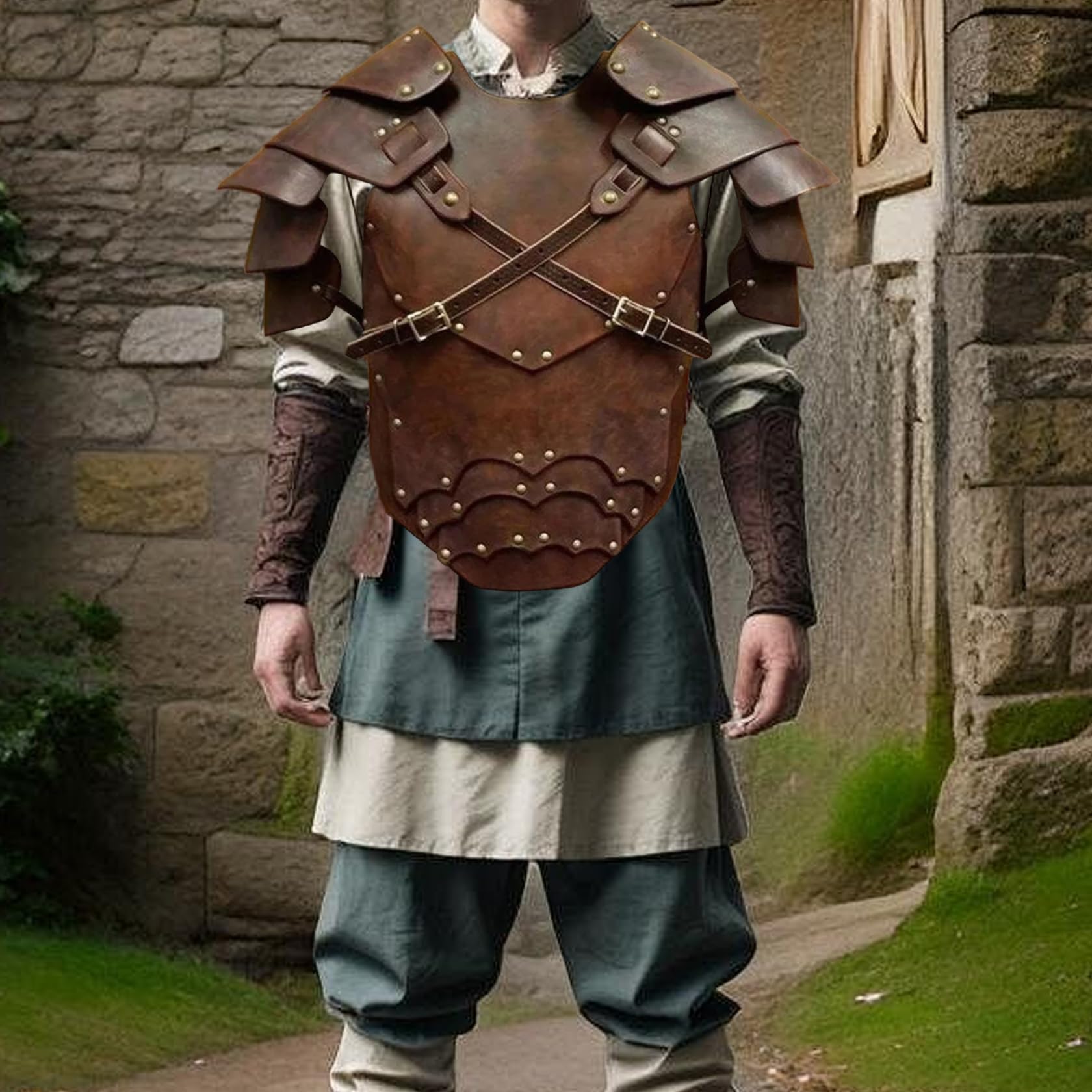 Jorzer Costume da Cavaliere Medievale Armatura in Pelle PU Armatura Toracica Regolabile Pettorale Vichingo per la Festa Cosplay di Halloween