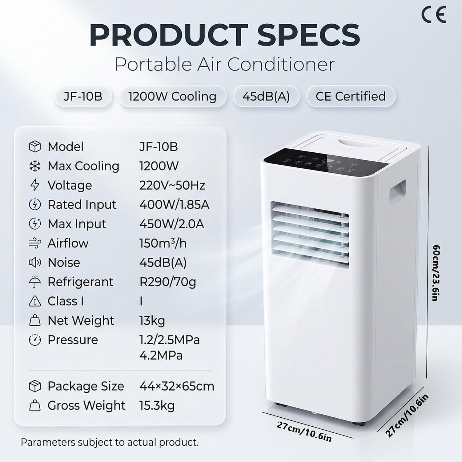 Przenośny klimatyzator 5000 BTU do pomieszczeń do 20 m², z pilotem, osuszaczem, timerem 15h i zestawem okiennym, klasa energetyczna A, z wtyczką brytyjską