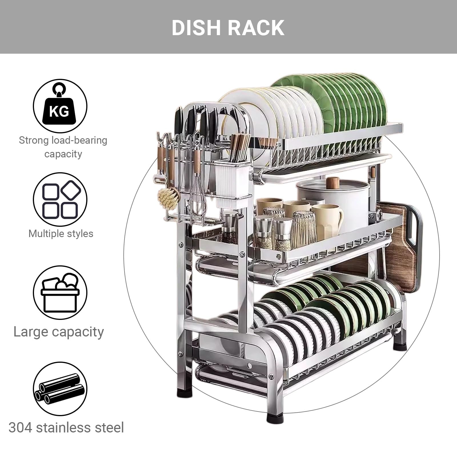 Escurridor de platos de acero inoxidable de 3 niveles, cocina que ahorra espacio con bandeja de goteo para platos, vasos y tablas de cortar (53 x 24 x 60 cm), acero 304