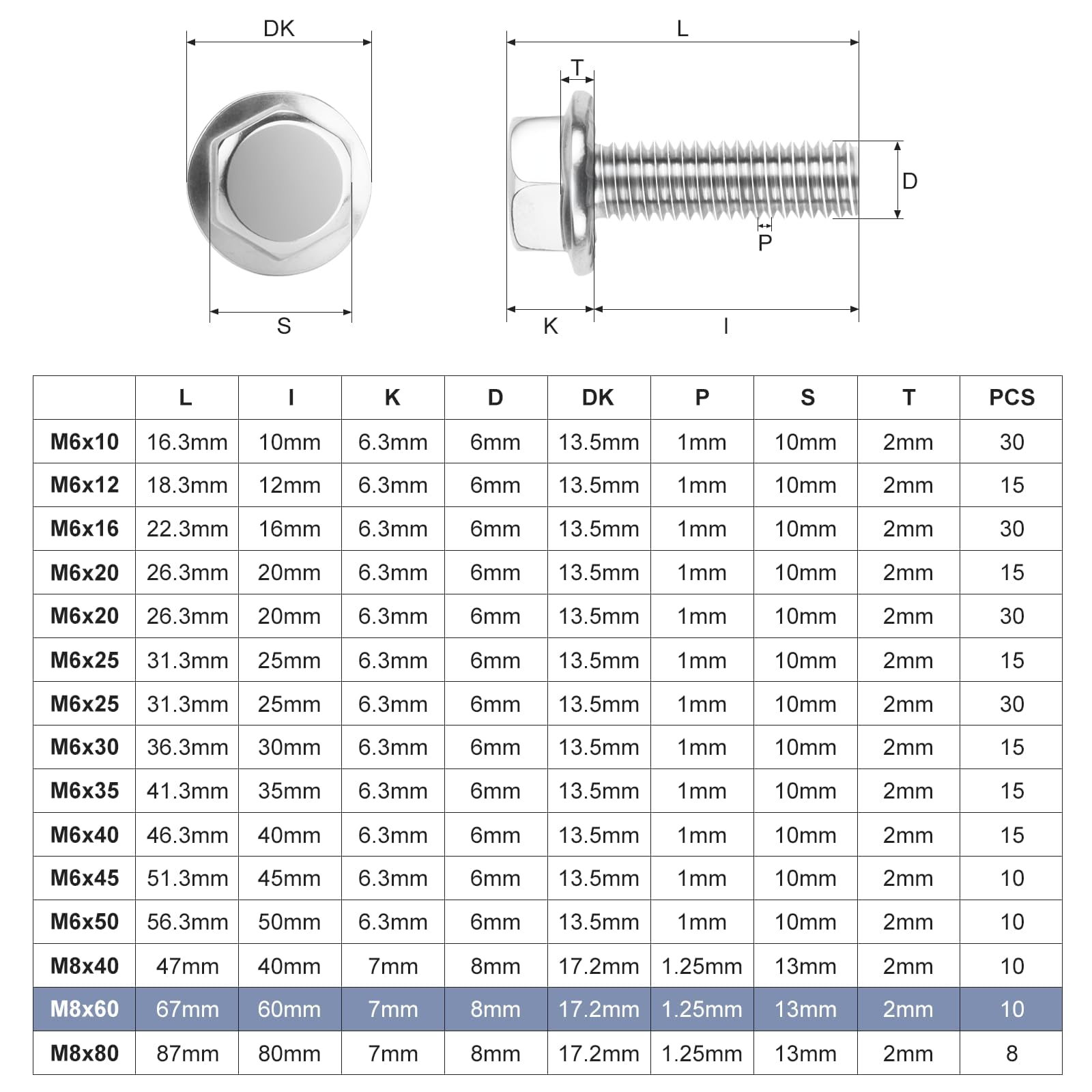Nuts OT nuts 10 PCS M8 Bolts Silver M8x60mm 304 Stainless Steel Bolts Hex Serrated Flange Bolt Screws Hex Flange Bolt Serrated Flange Anti-Loosening for Machine Tools Furniture Assembly DIY - Image 2