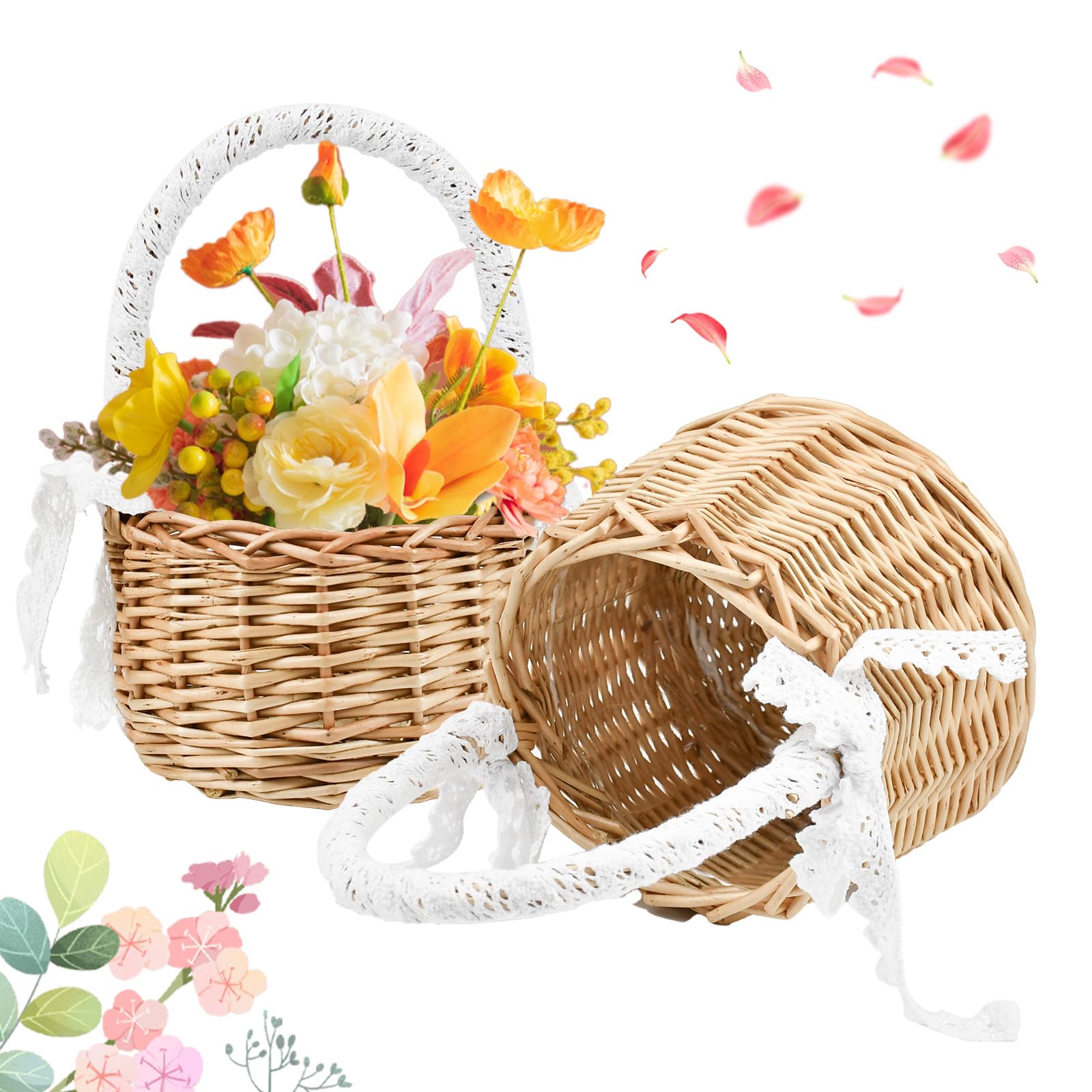 HEKOBAG 2 PZ Cestini in Vimini con Manico 20 cm Cestini di Fiori Matrimoni Cesto di Fiori Fatti a Mano Cesti Intrecciati con Nastro di Pizzo Cestini Rattan per Pane, Caramelle, Cioccolatini, Biscotti