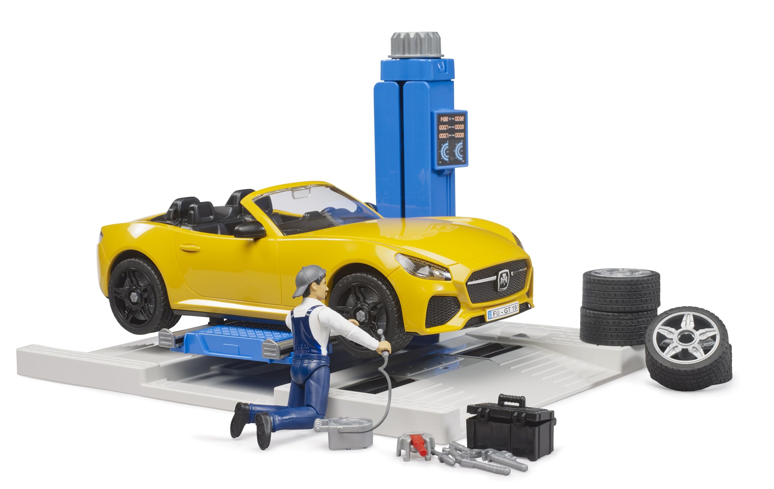 bruder 62112 - bworld centro de servicio de turismos con roadster | Set de taller con coche de juguete y mecánico, figura de juguete bworld, juguetes para niños a partir de 4 años, 1:16