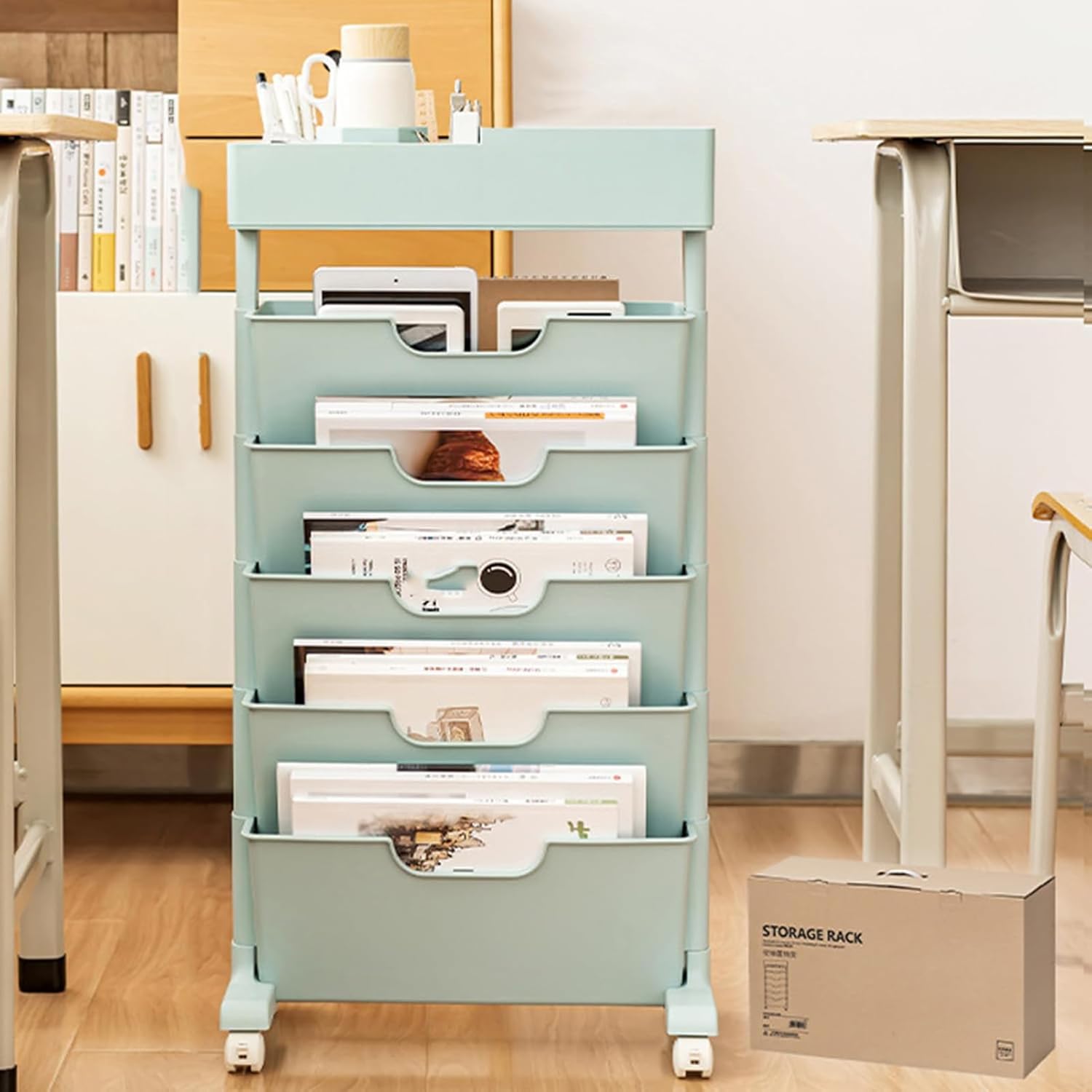 Storage Cart 6-Tier Rolling Book Cart with Wheels, Tall Narrow Rolling File Cart- Movable for Office, Home, School,Blue,Without Drawer