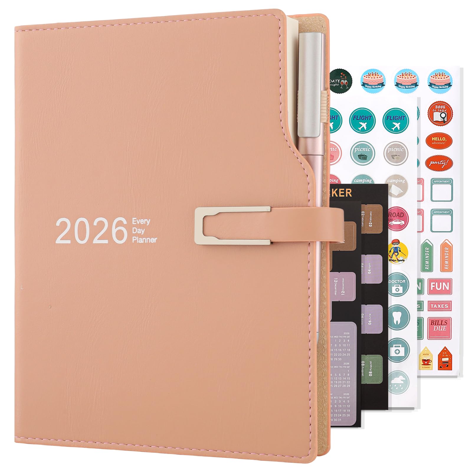 Akademischer Terminplaner 2026, A5, ein Tag pro Seite, Terminplaner, Organizer mit Kalenderaufklebern, Agenda, Planer mit Stifthalter und Stift, hochwertiges, dickeres Papier, 14 x 21,5 cm, Rosa