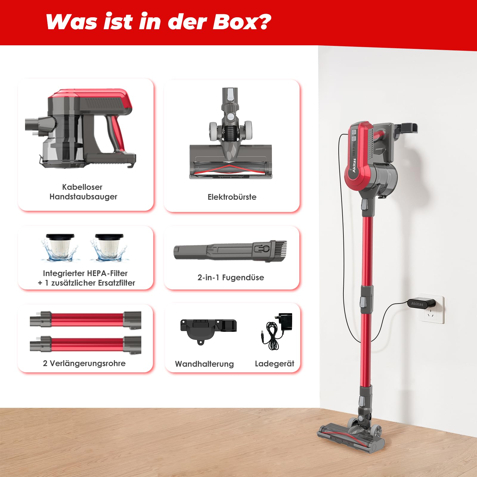 Akitas V10A Akku Staubsauger Kabellose mit 450W BLDC-Motor, 45kPa Saugleistung, 60 Min Laufzeit, LED-Bürste mit grünem Licht, Anti-Verhedderung, ideal für Teppiche, Hartböden & Tierhaare