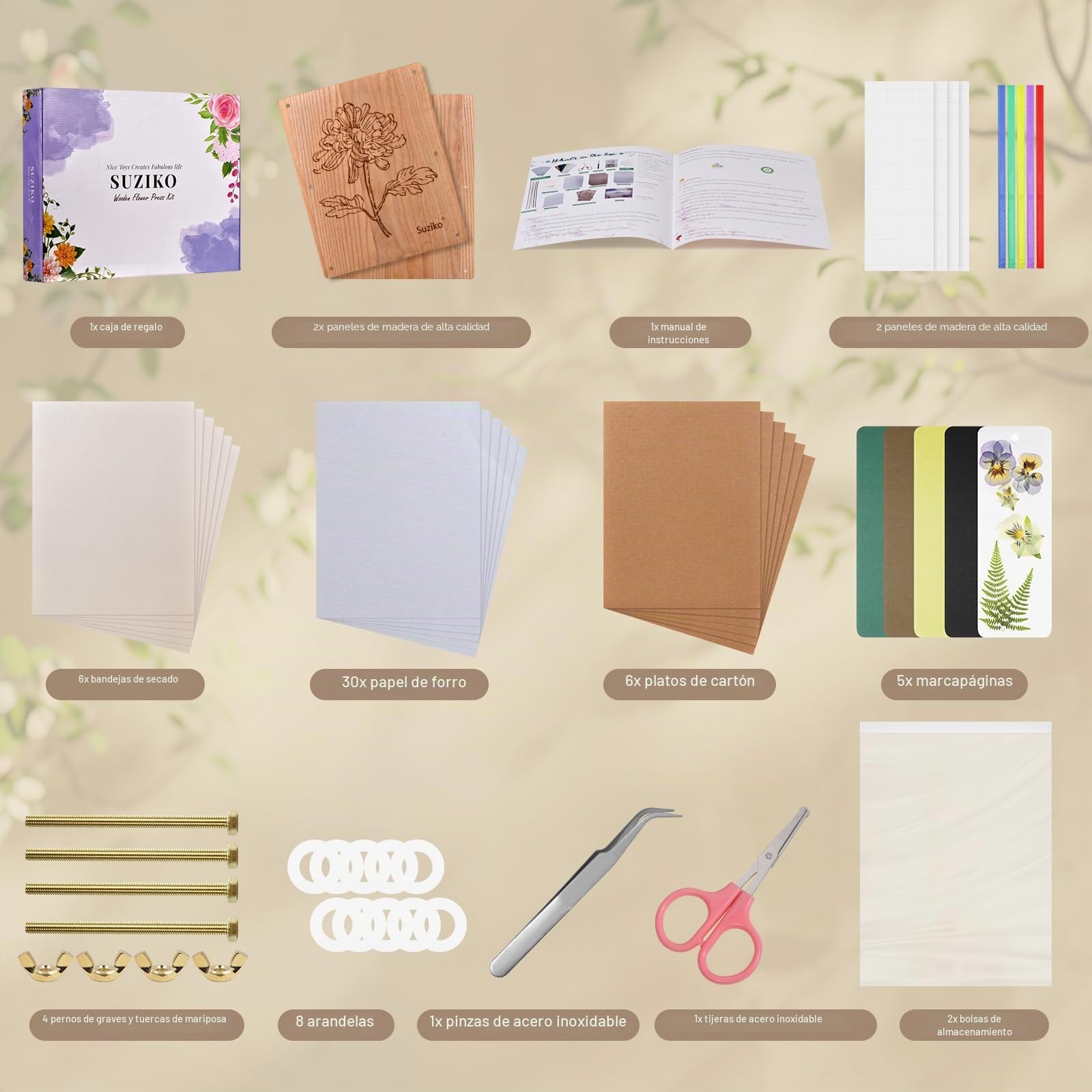 Suziko Gran Kit de Prensa de Flores para Adultos y Niños - Mide 27.5 x 17.8 cm, Ideal para Artesanía y Manualidades para Adultos, Prensa de Hojas y Flores - Un Fantástico Regalo para los Amantes