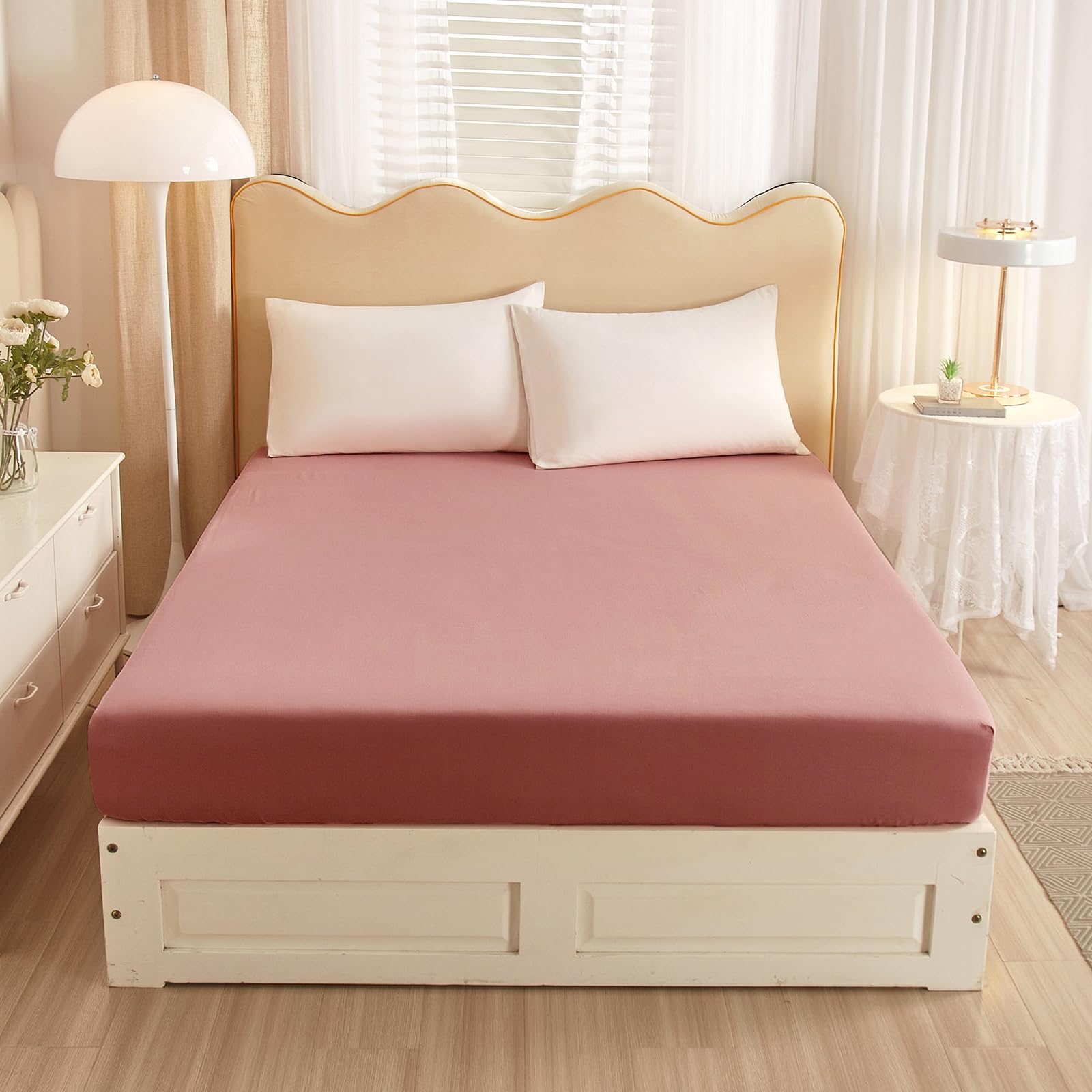 Twin Fitted Sheet Only,100% Cotton Blush Pink Bottom Sheet with 15