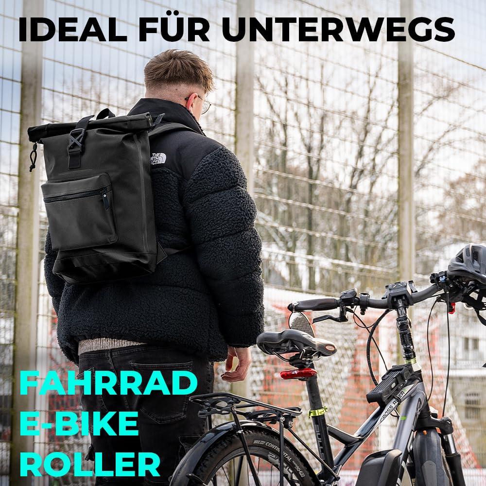 LANGENBERG 30L Rolltop Rucksack - Wasserdichter Rucksack mit bequemen Schultergurten - Fahrrad Rucksack Herren und Damen - Wasserfester Rucksack groß mit verschließbarem Laptopfach + Air-Tag Fach