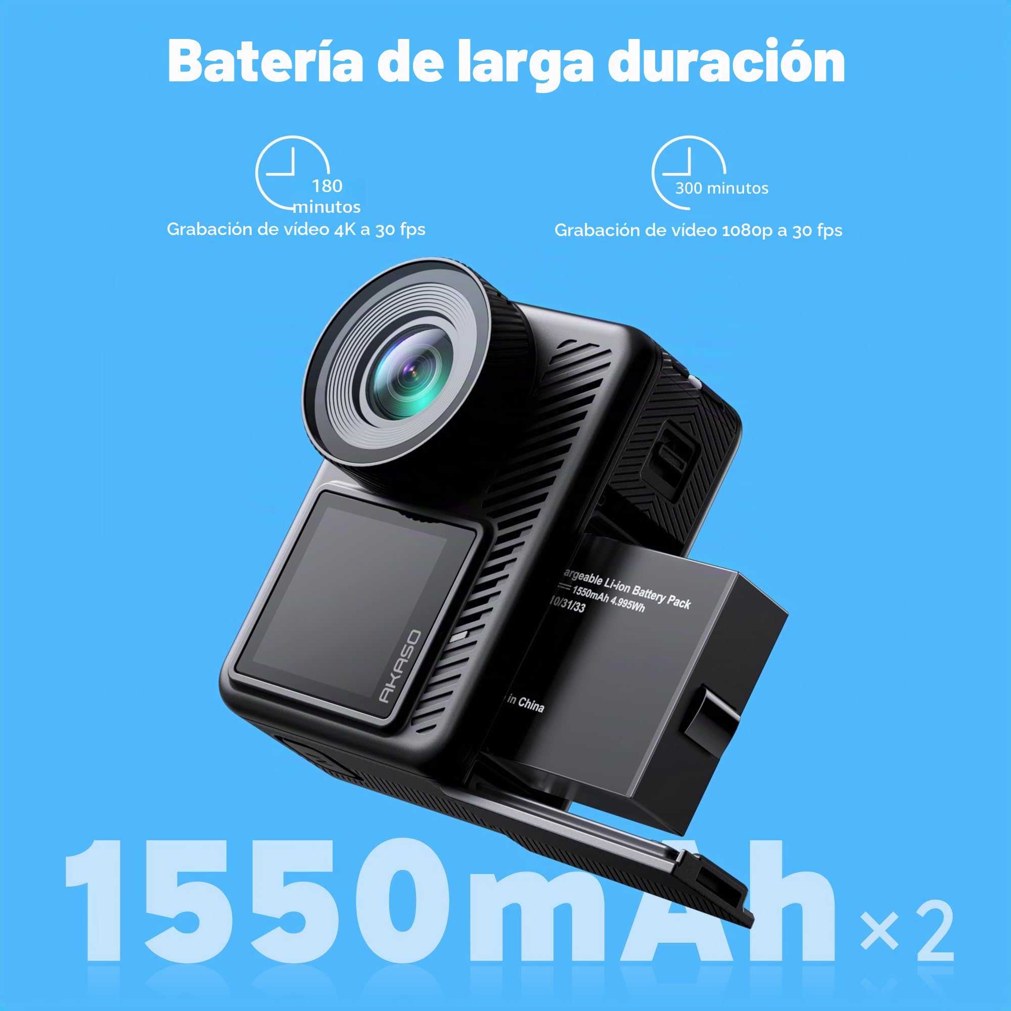 AKASO Brave 8 Lite Cámara Deportiva 4K 60FPS WiFi 20MP Cámara de Acción con Pantalla Táctil Estabilización SuperSmooth Cámara Acuatica Sumergible 60M 4X Zoom Baterías 2x1550mAh