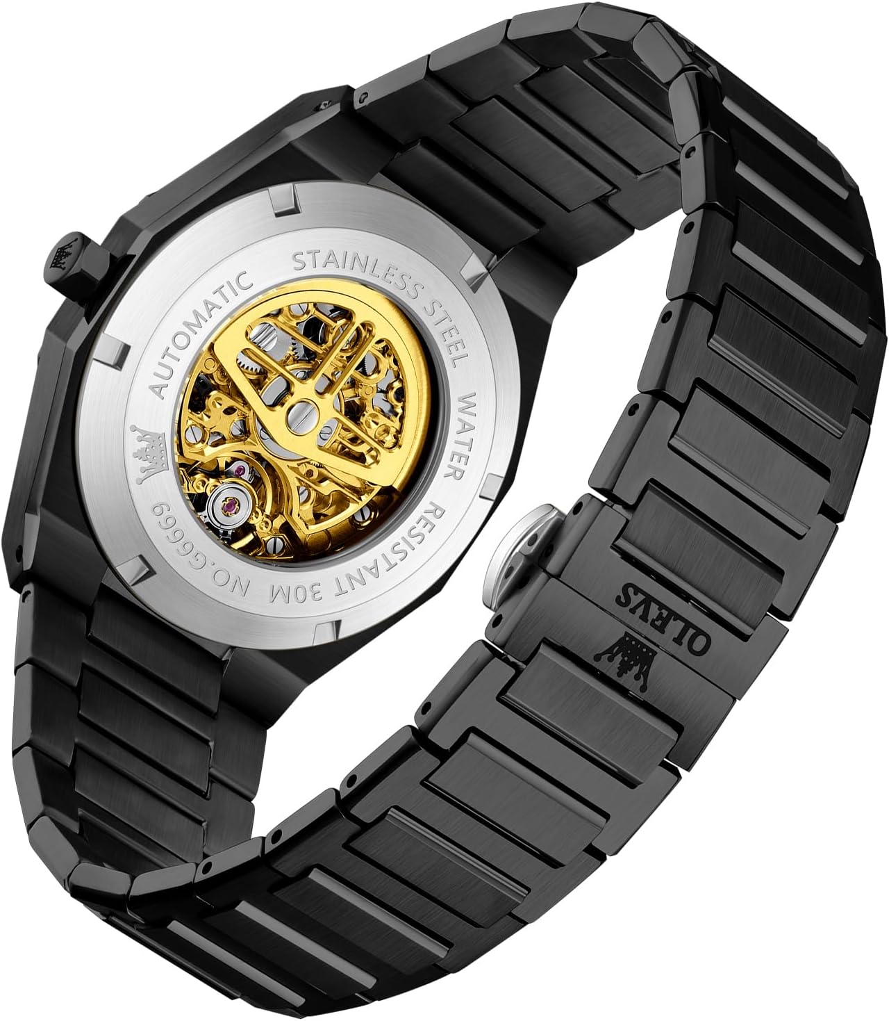 OLEVS Gold Skeleton Men's Automatic Mechanical Watches self Winding Luxury Dress Shiny Diamond Stainless Steel Waterproof Luminous Wrist Watches