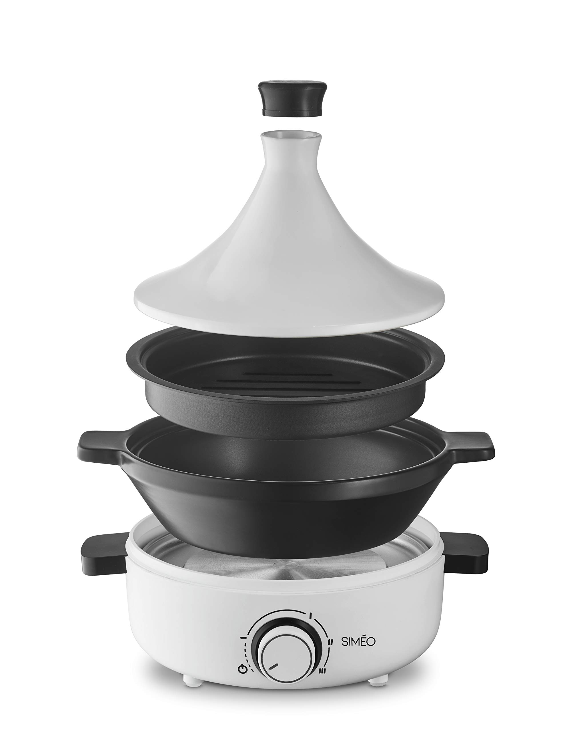 SIMÉO Tajine Électrique pour 4 Personnes - Cuisson Homogène, 3 Réglages de Chaleur - Couvercle en Céramique, Plaque Grill Intégrée - Capacité 1,8L - 30,5 x 25 x 26 cm - Blanc