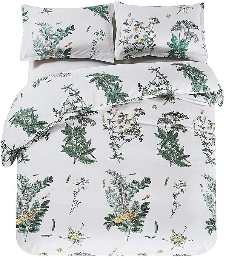 Vaulia Soft Lightweight Microfiber Duvet Cover Set, Floral Printed Pattern - Queen Size, White/Green Color