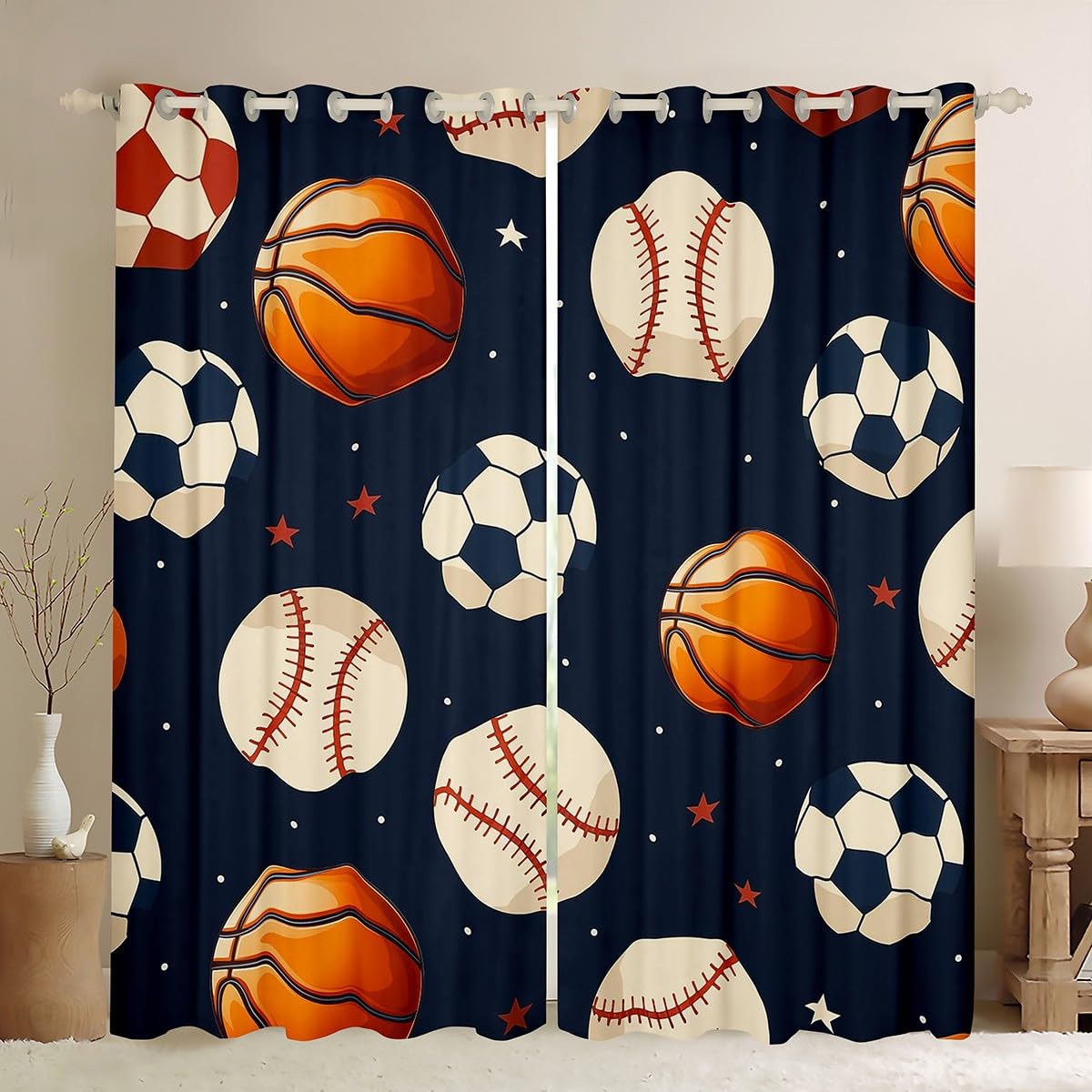 Homemissing Ball Game Curtains Basketball Window Drapes Treatments for Kids Boys Girls Sports Window Drapes Soccer Ball,W52*L63,2 Panels