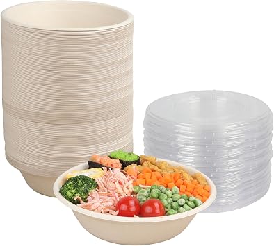 32 oz Round Disposable bowls with lids Plant Fiber container 50 Pack