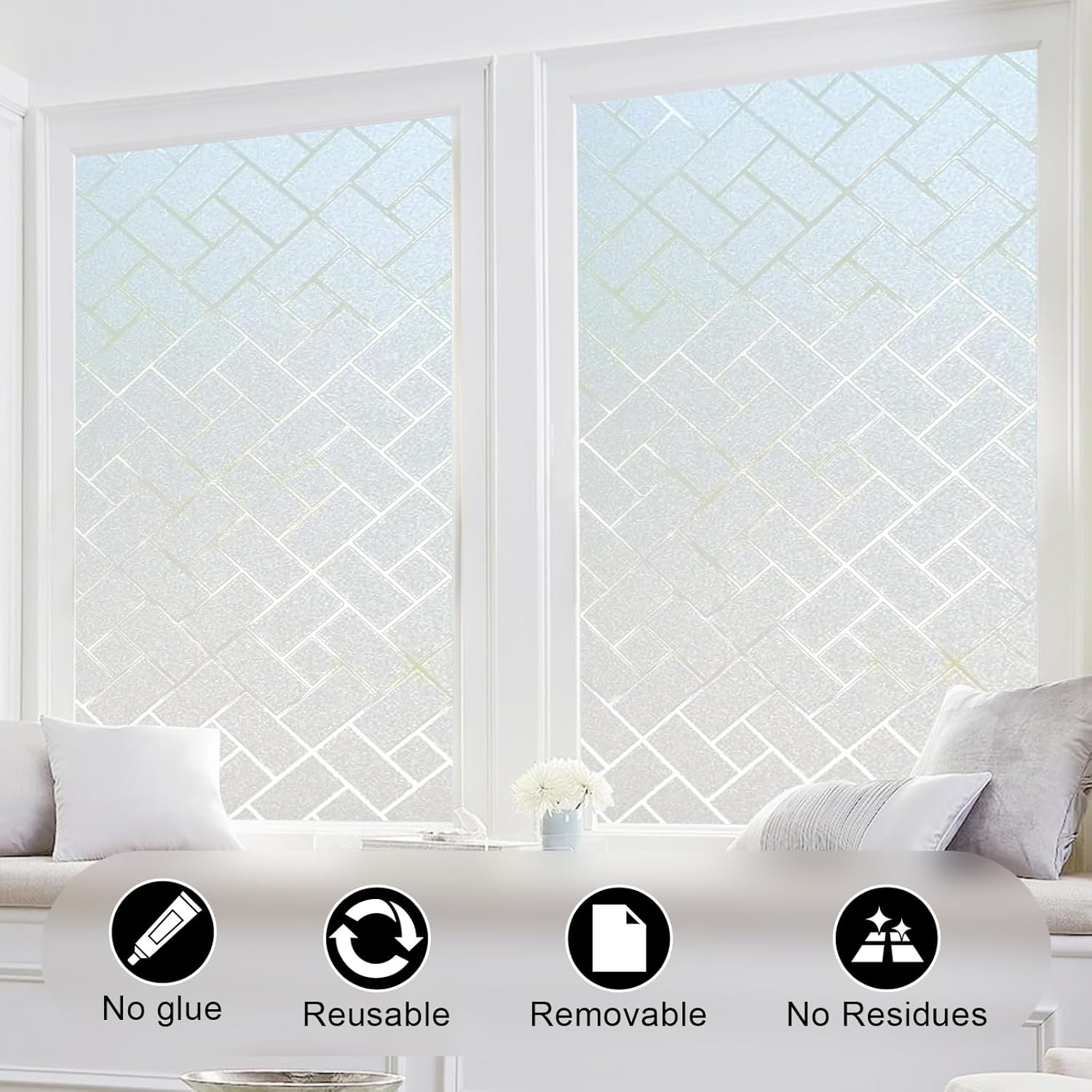 Window Privacy Film, Frosted Glass Static Cling with No-Adhesive Tile Shape Window Cover, Vinyl Stickers for Home Office Glass Sticker Decoration, 35.4 x 157.4 Inches