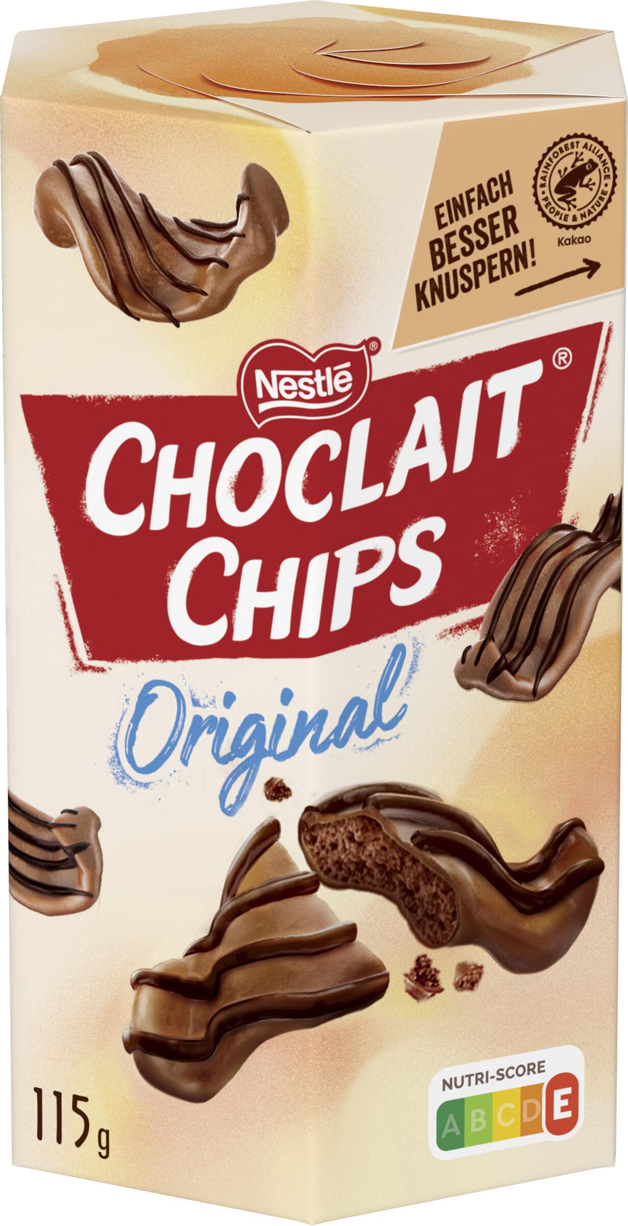 Nestlé CHOCLAIT CHIPS Original, leckere Knusperchips umhüllt mit leckerer Milchschokolade und verfeinert mit Dekorstreifen aus dunkler Schokolade, 1er Pack (1 x 115g)