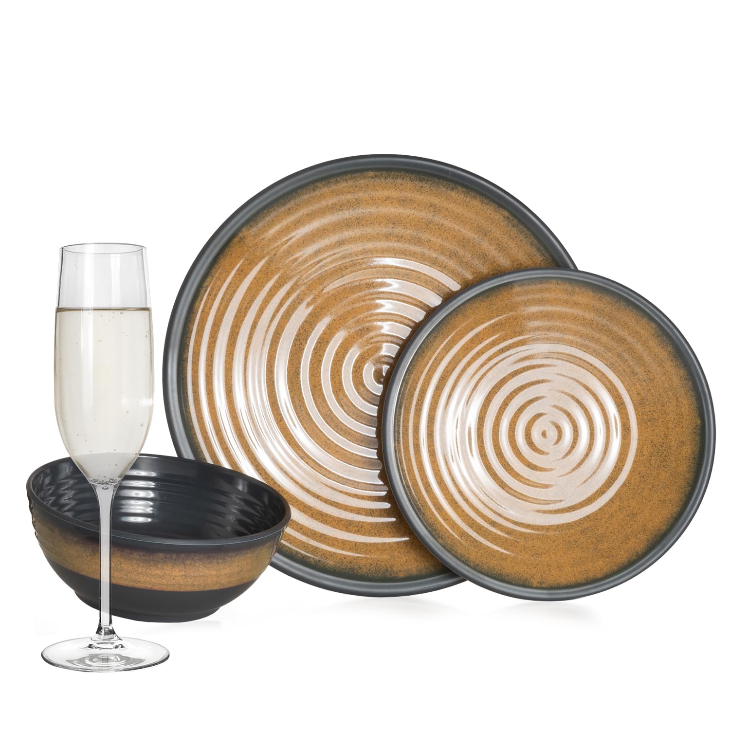 Juego de vajilla de melamina para camping, 4 personas, curry de piedra + 4 vasos de champán Timo Flûtes Vajilla Picnic BBQ Utensilios de cocina