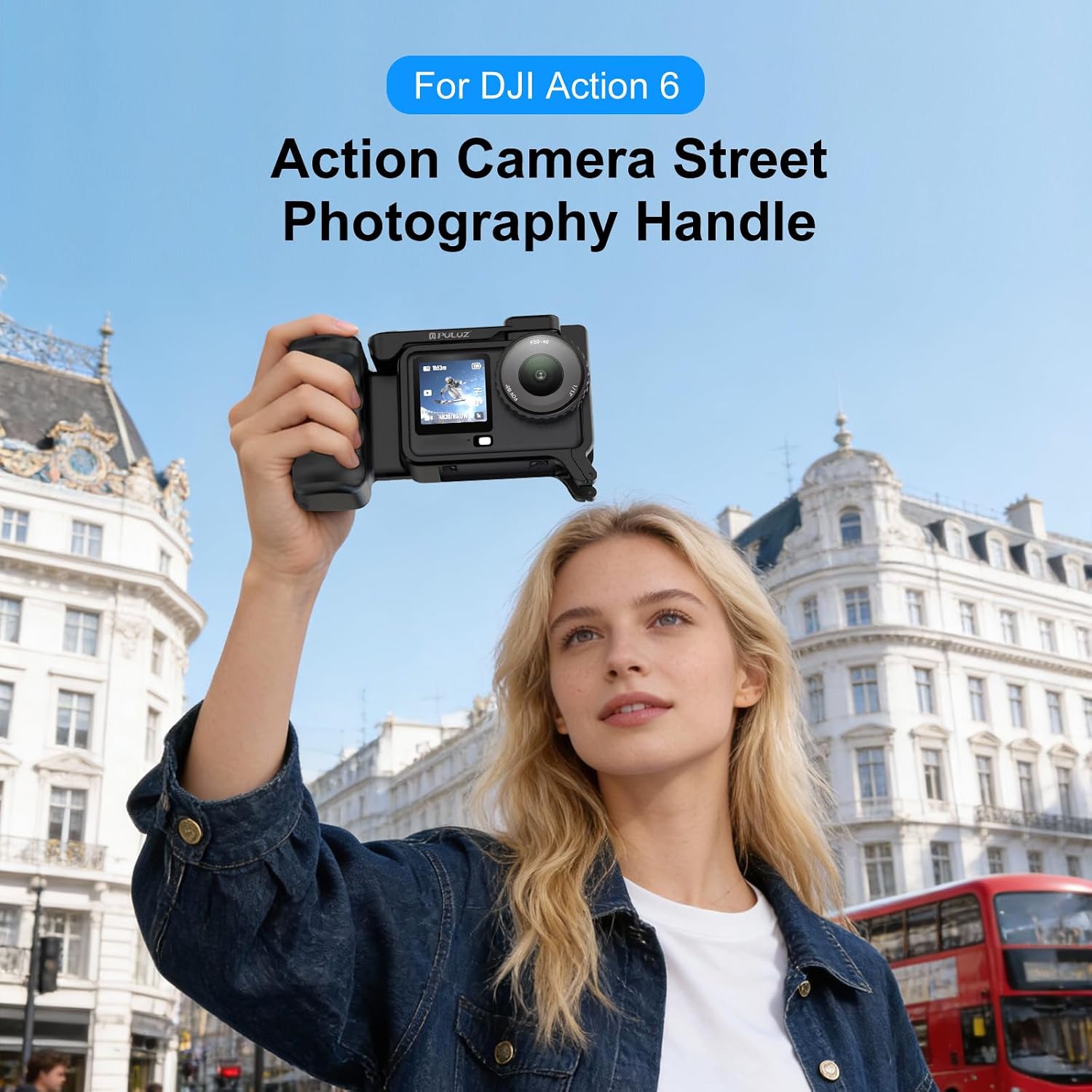 Street Photography Handle for DJI Osmo Action 6, Hand Grip with Protective Cage Lens Cap Lightweight Ergonomic Palm-Contour Design Dual Cold Shoe Wrist Strap for Outdoor/Vlog Shooting