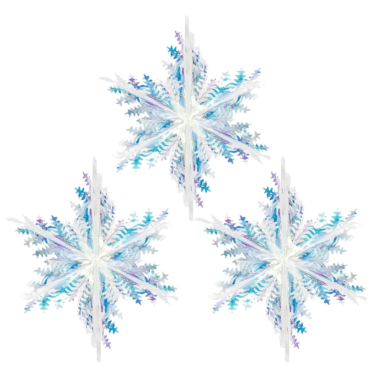 DIPZO Christmas Party Decorations - 3PCS Iridescent Snowflake Hanging Decorations, 3D Winter Wonderland Ornaments for Birthday, Wedding, and New Year Party Decor