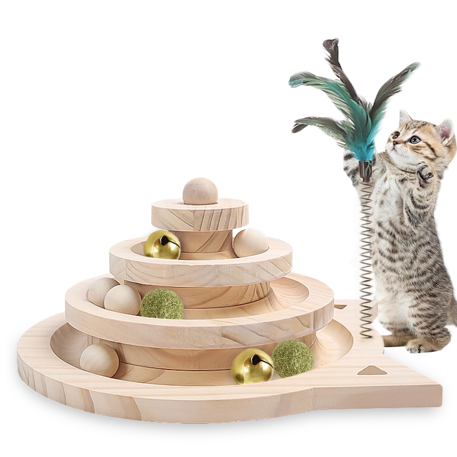 Honicemar 3-Layer Tower Wooden Cat Toy with Ball and Track, Cat Roller Toys Interactive with 3 Types of Balls
