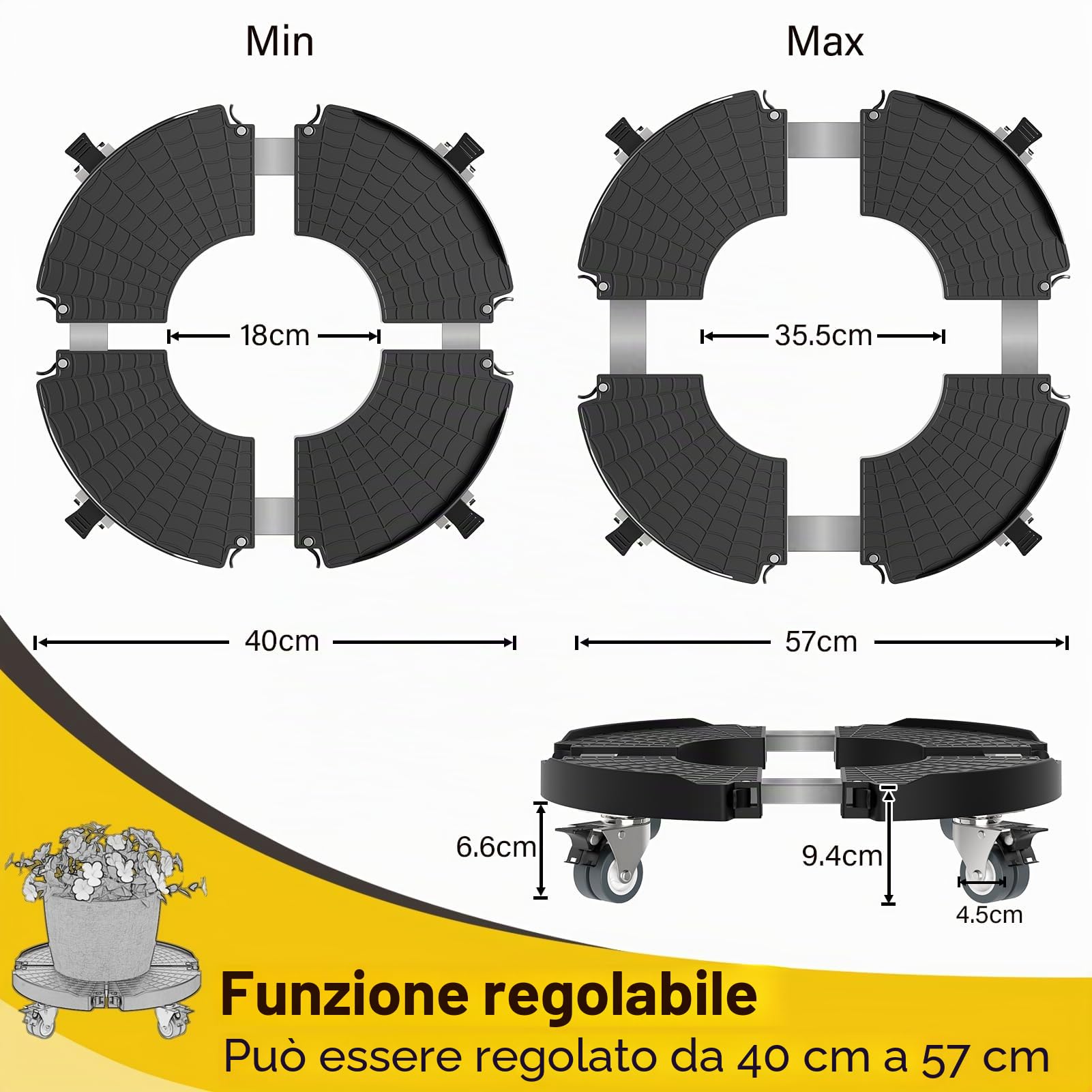 WELDUN Rullo per Piante Ø 40 – 57 cm, Portata 200 kg, sottovaso con Ruote girevoli bloccabili, Rotolo per Fiori per Esterni e Interni, Confezione da 2