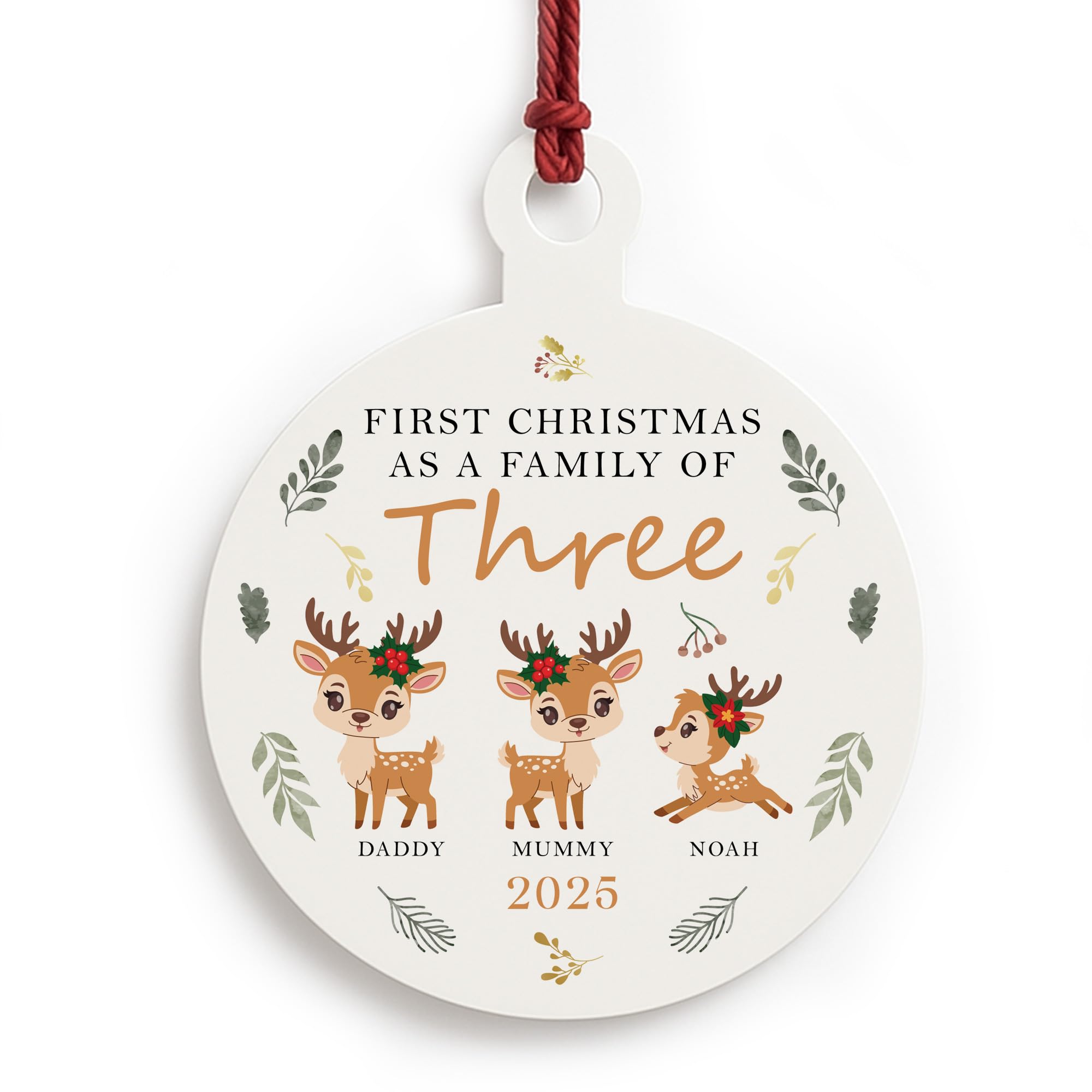 Red Ocean First Christmas as a Family of Three Personalised Family Ornament New Baby New Parents Keepsake Baby's 1st Christmas Tree Decoration