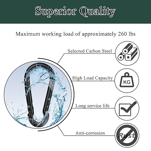 Miniatura 10 de YEAZHEN 100 ganchos de resorte M6, clip de mosquetón Blcak, mosquetón pequeño, resorte de acero al carbono para juego, camping, columpio, barco,