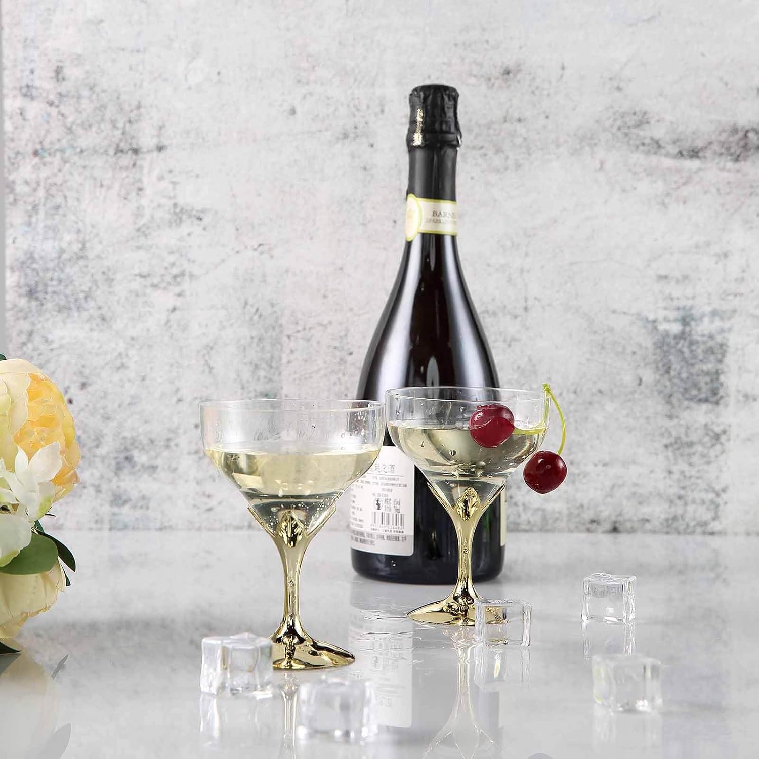 Efavormart 6 Pack Gold & Clear Champagne Goblets - 5" Ornate Toasting Flutes with Extra-Stable 4" Base - Luxury Disposable Wine Glasses for Elegant Weddings, Parties & Receptions