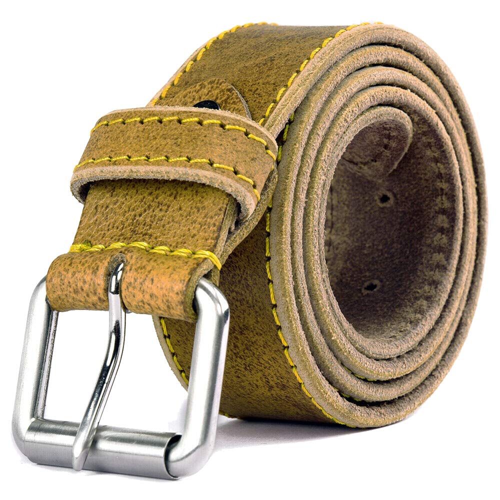 Mens Genuine Leather Full Grain Stitched Buckle Casual Belt for Trousers (34-36, YELLOW AND TAN)
