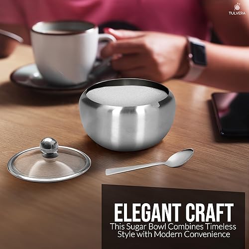 Miniatura 7 de Azucarero con tapa de vidrio y cuchara  Contenedor de azúcar de 12 onzas para barra de café  Tarro de acero inoxidable para sal, té, dulces, cubo de