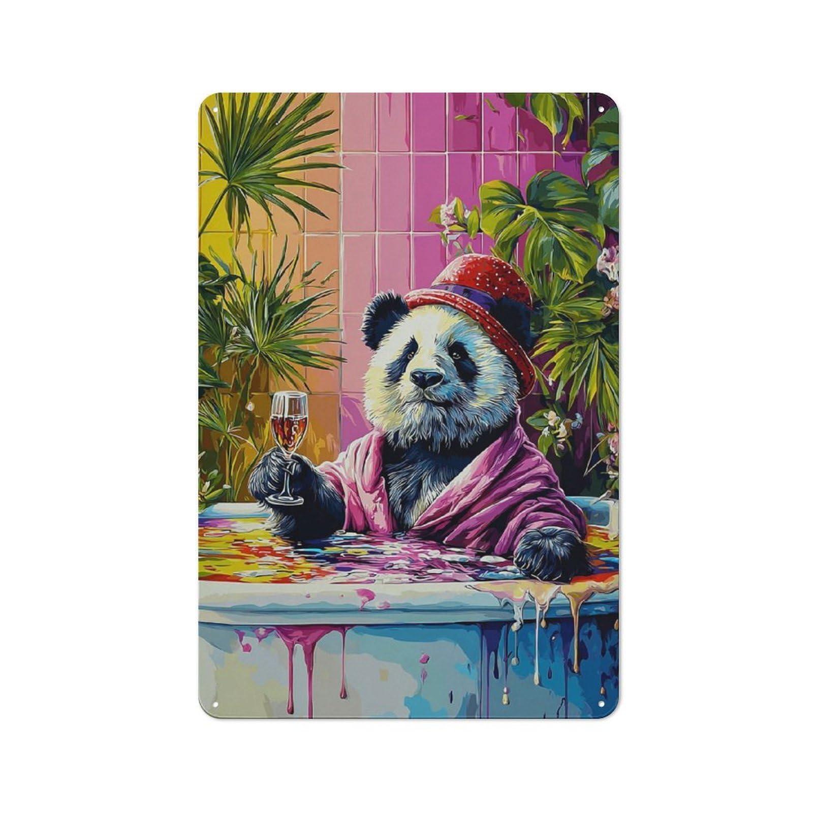 Junmoney Panda In Hot Tub With Wine Glass Clean Industrial Industrial Metal Sign 30X20cm, Studio Wall Art For Loft, Studio, Office Or Creative Room