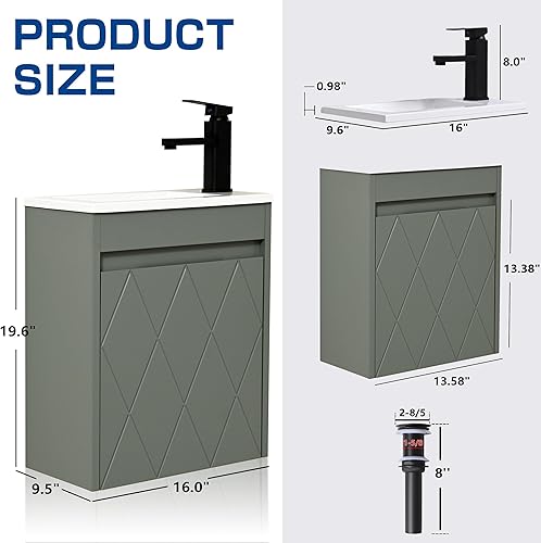 Vista 41 de Combo de lavabo de baño de 16 pulgadas para espacio pequeño, juego de gabinete de baño montado en la pared con lavabo de resina blanca, grifo negro